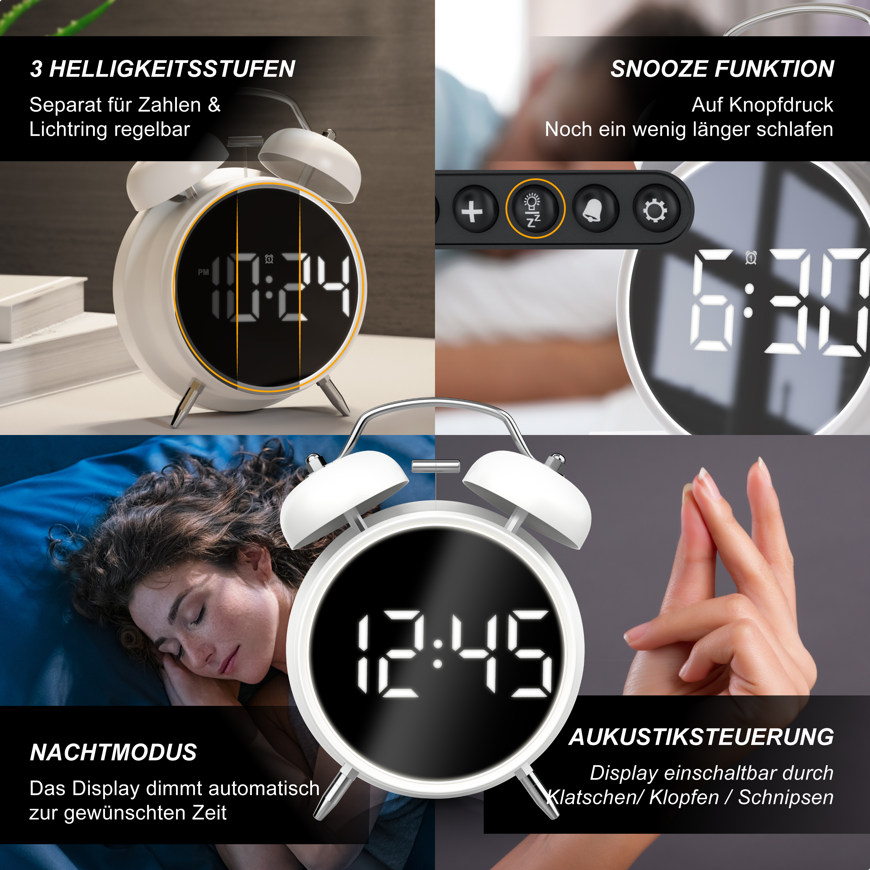 Ein weißer Wecker mit digitaler Anzeige zeigt Funktionen wie Helligkeit, Snooze, Nachtmodus und akustische Steuerung.