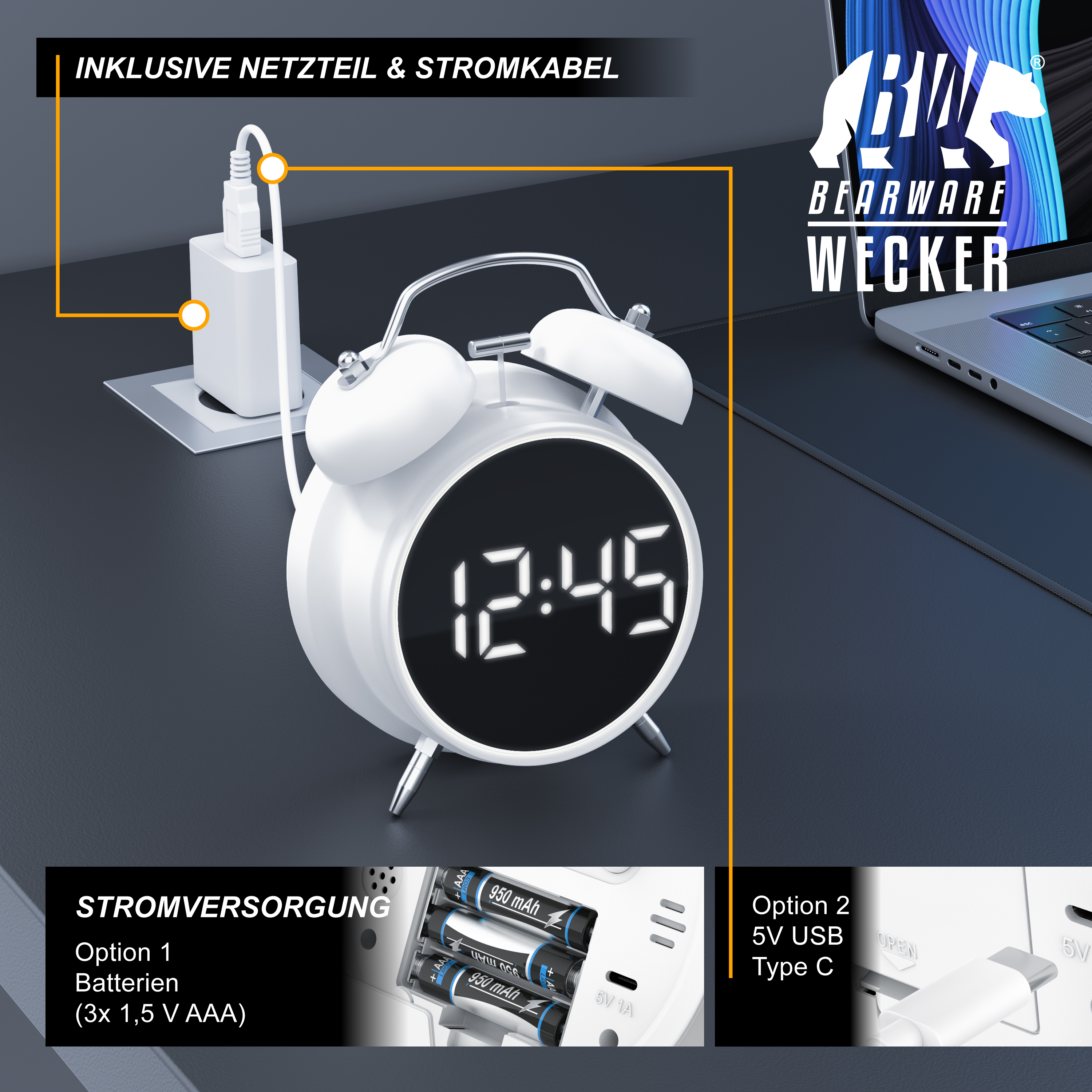 Weißer Retro-Wecker mit digitaler Anzeige, USB-C-Kabel und Batteriefach auf dunklem Tisch.