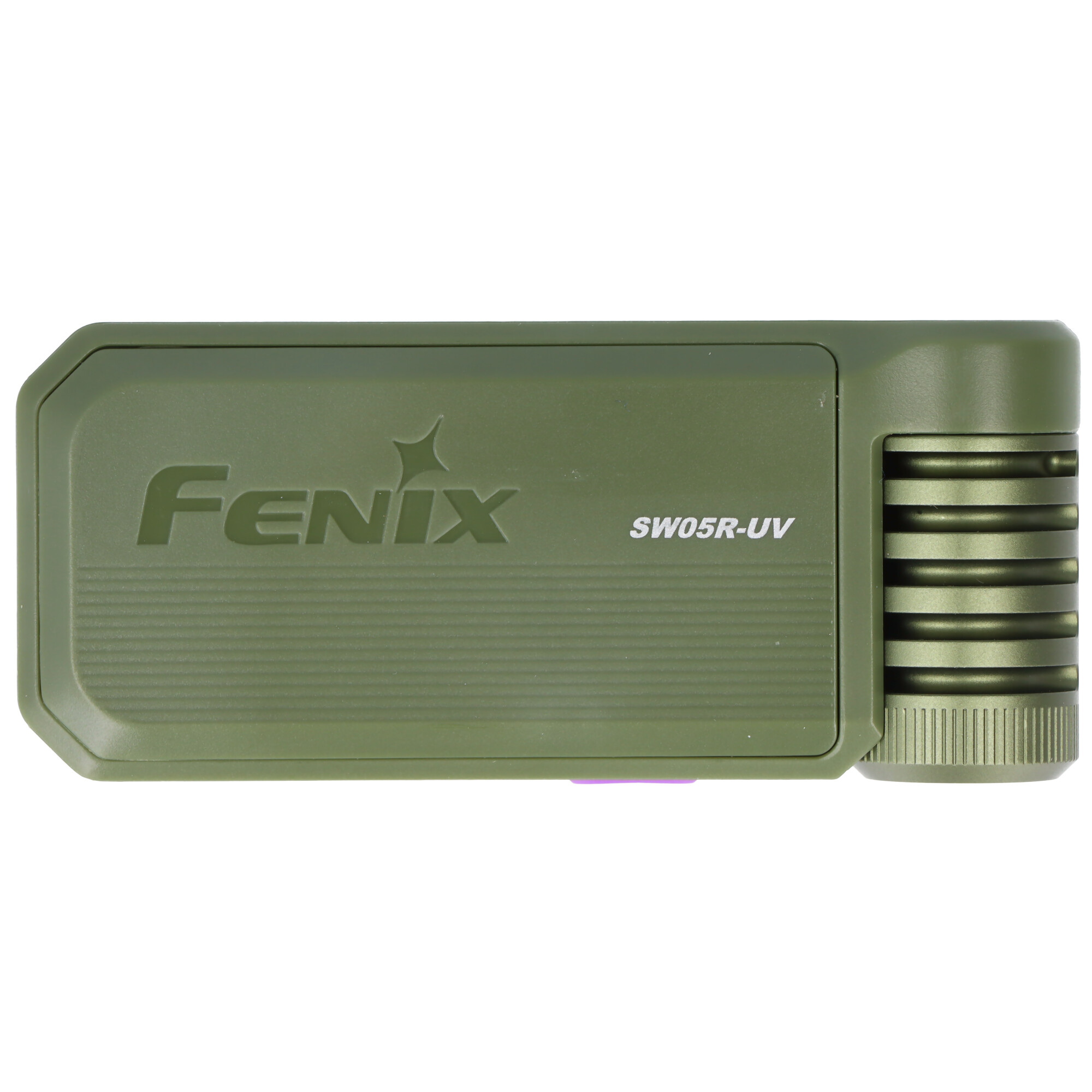 Olivgrüne Fenix SW05R-UV LED-Taschenlampe mit Clip und geripptem Kopf.