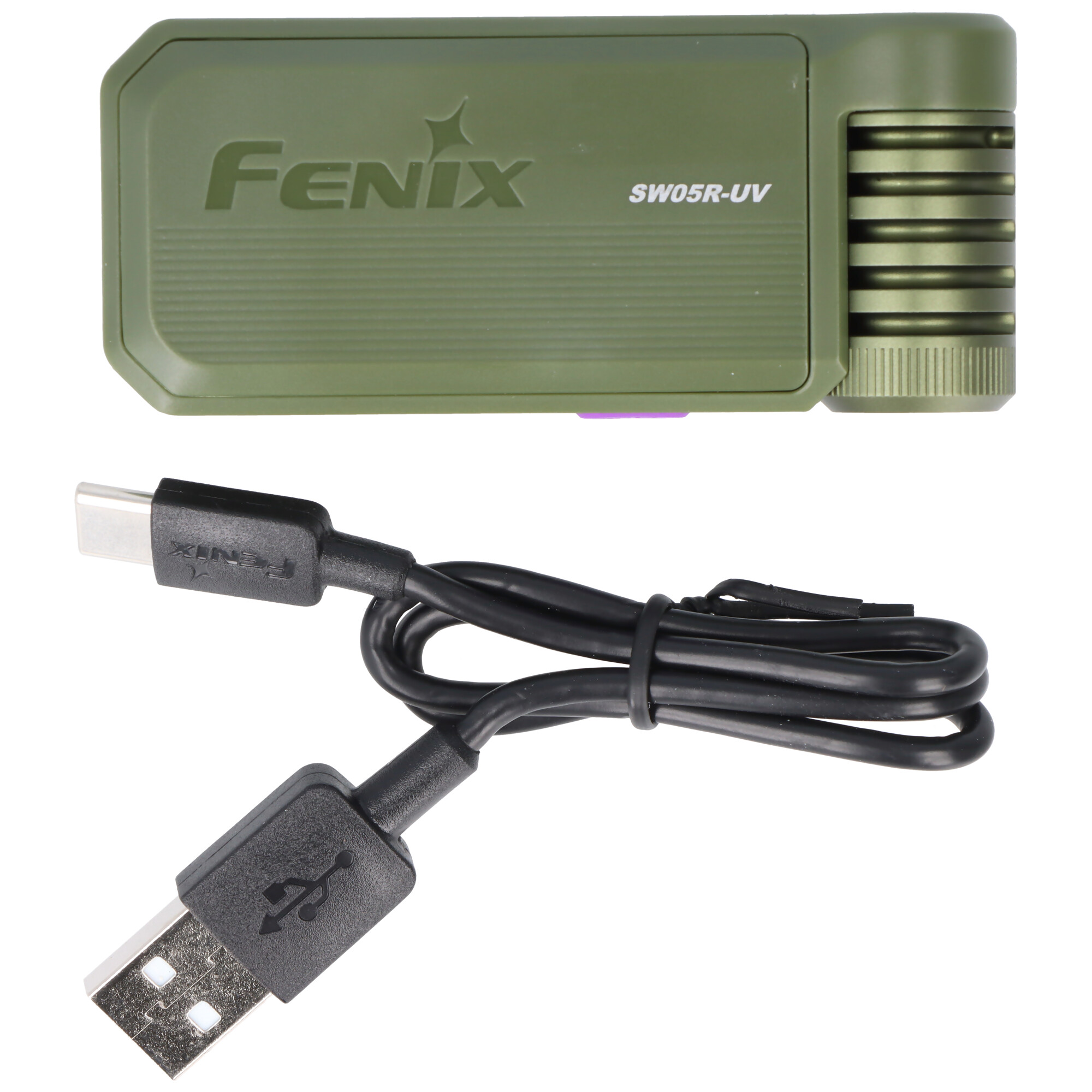 Grüne Fenix SW05R-UV Lampe mit einem schwarzen USB-Ladekabel auf weißem Hintergrund.
