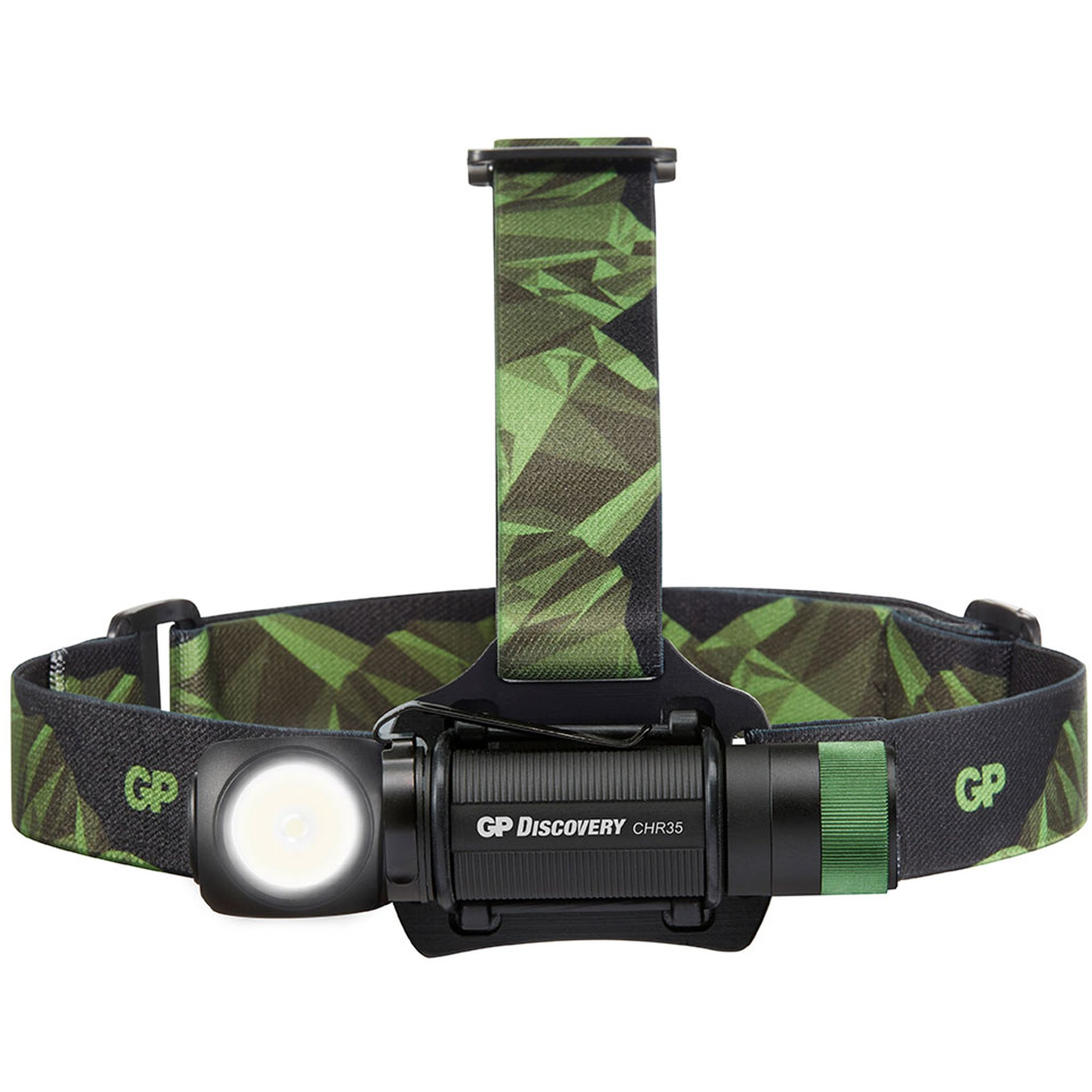 Eine schwarze GP Discovery CHR35 Stirnlampe mit grünen, geometrisch gemusterten Bändern vor weißem Hintergrund.