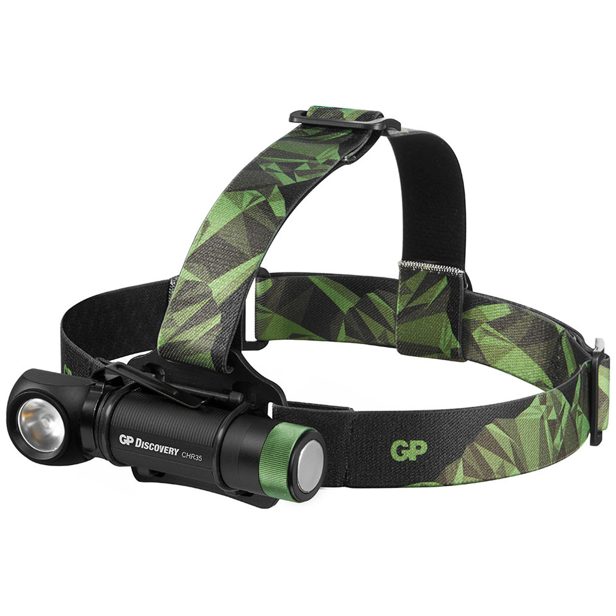 Eine schwarze Stirnlampe mit grünem Tarnband vor weißem Hintergrund.