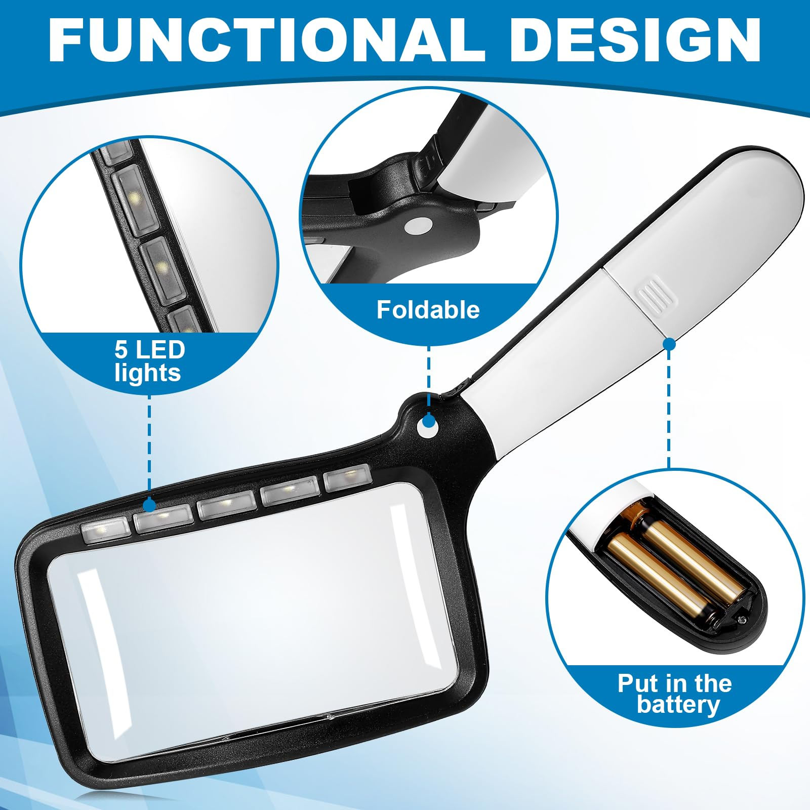 Funktionales Design einer faltbaren Lupe mit 5 LED-Leuchten und Batteriefach.