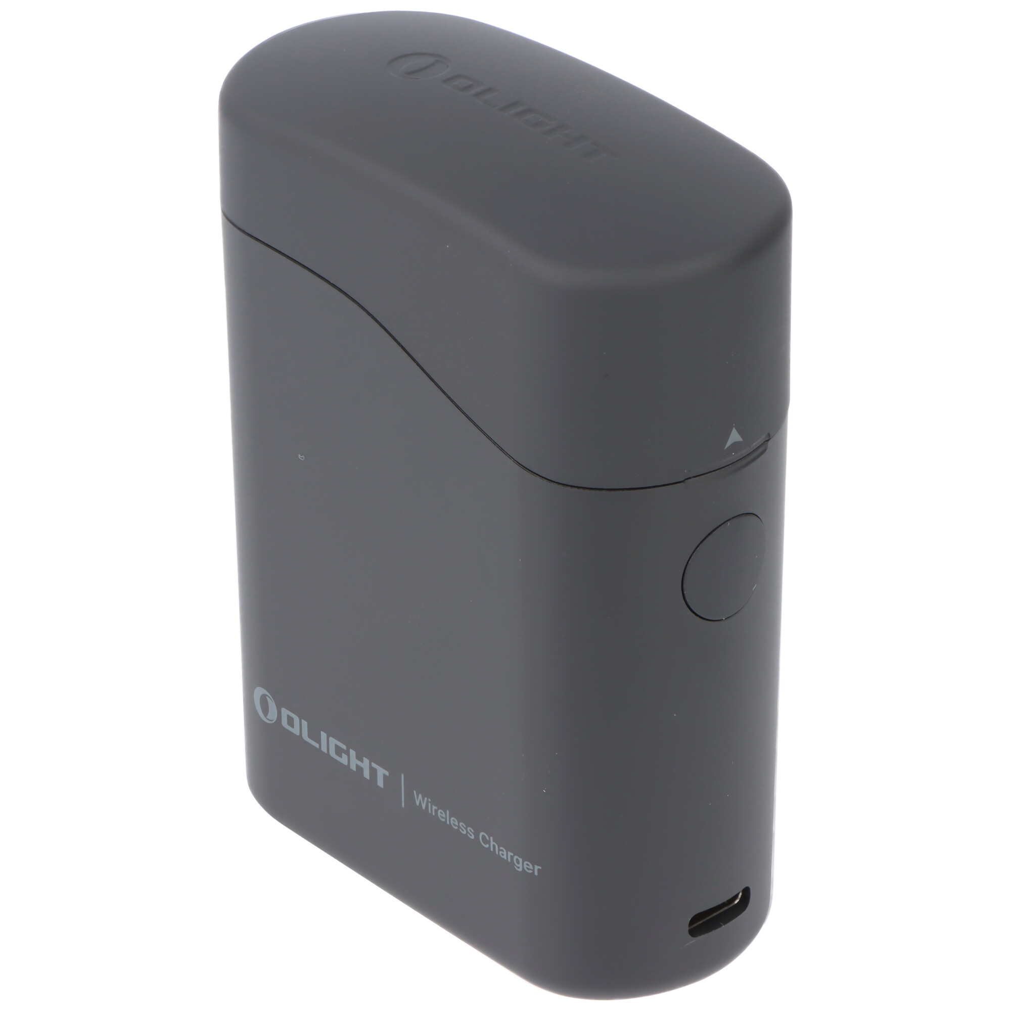 Ein mattes, dunkelgraues Olight Wireless Charger Etui steht auf weißem Hintergrund.