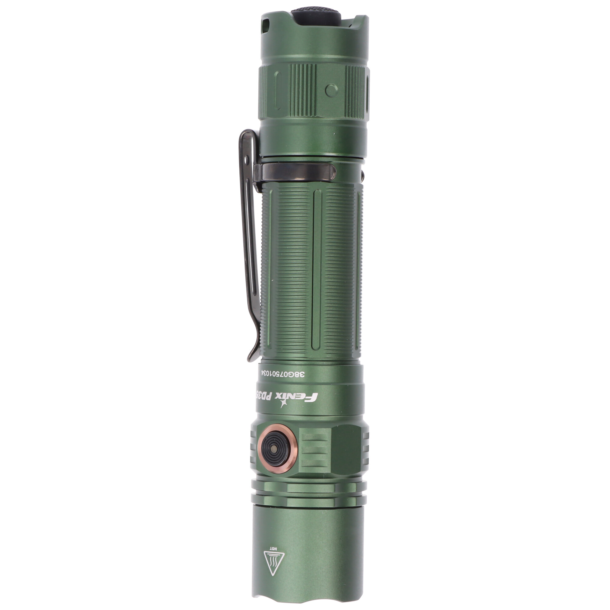 Eine grüne taktische Taschenlampe steht aufrecht mit schwarzem Metallclip, Seitenschalter und strukturiertem Griff.