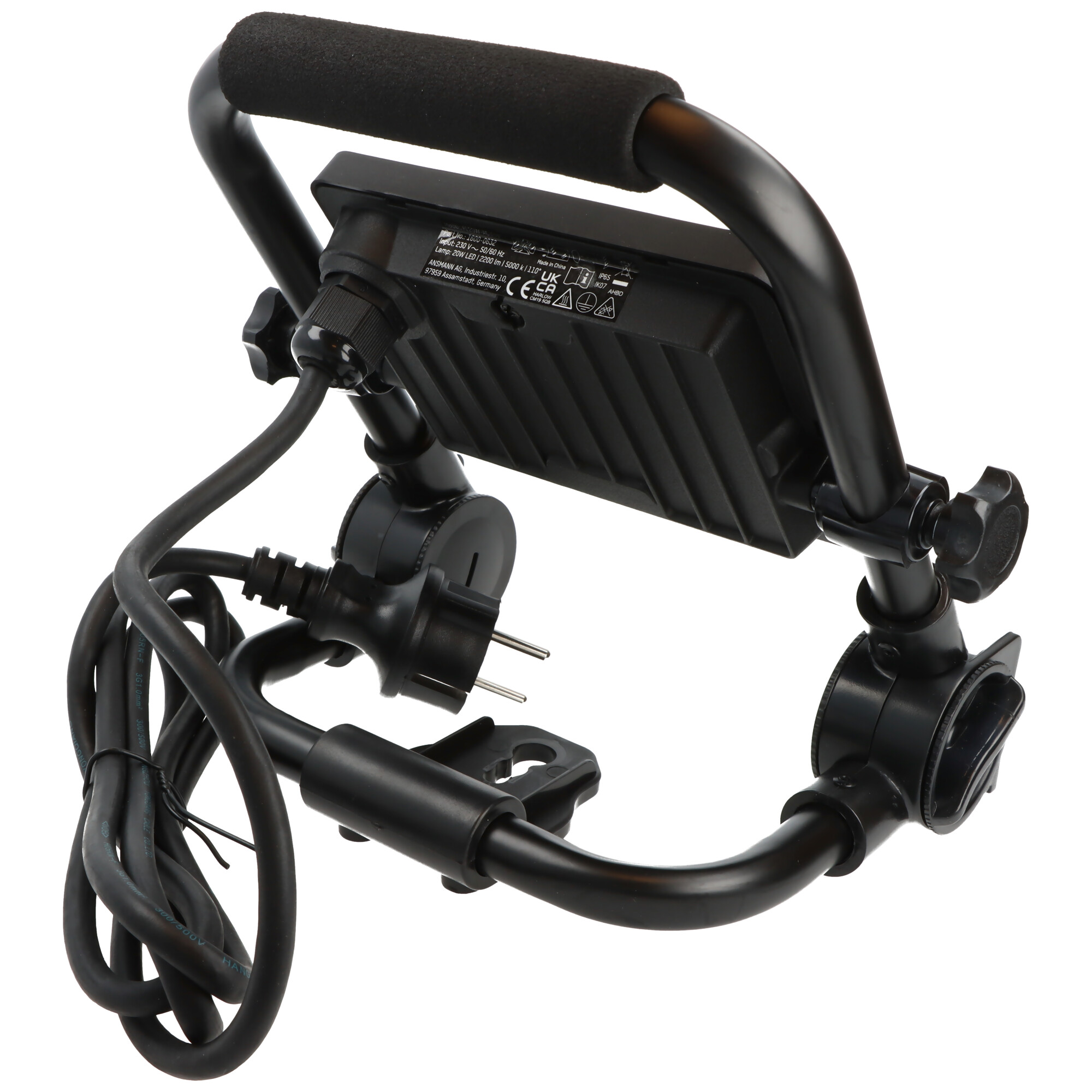 Rückseite einer schwarzen LED-Baulampe mit Tragegriff, verstellbaren Knöpfen und aufgewickeltem Kabel.