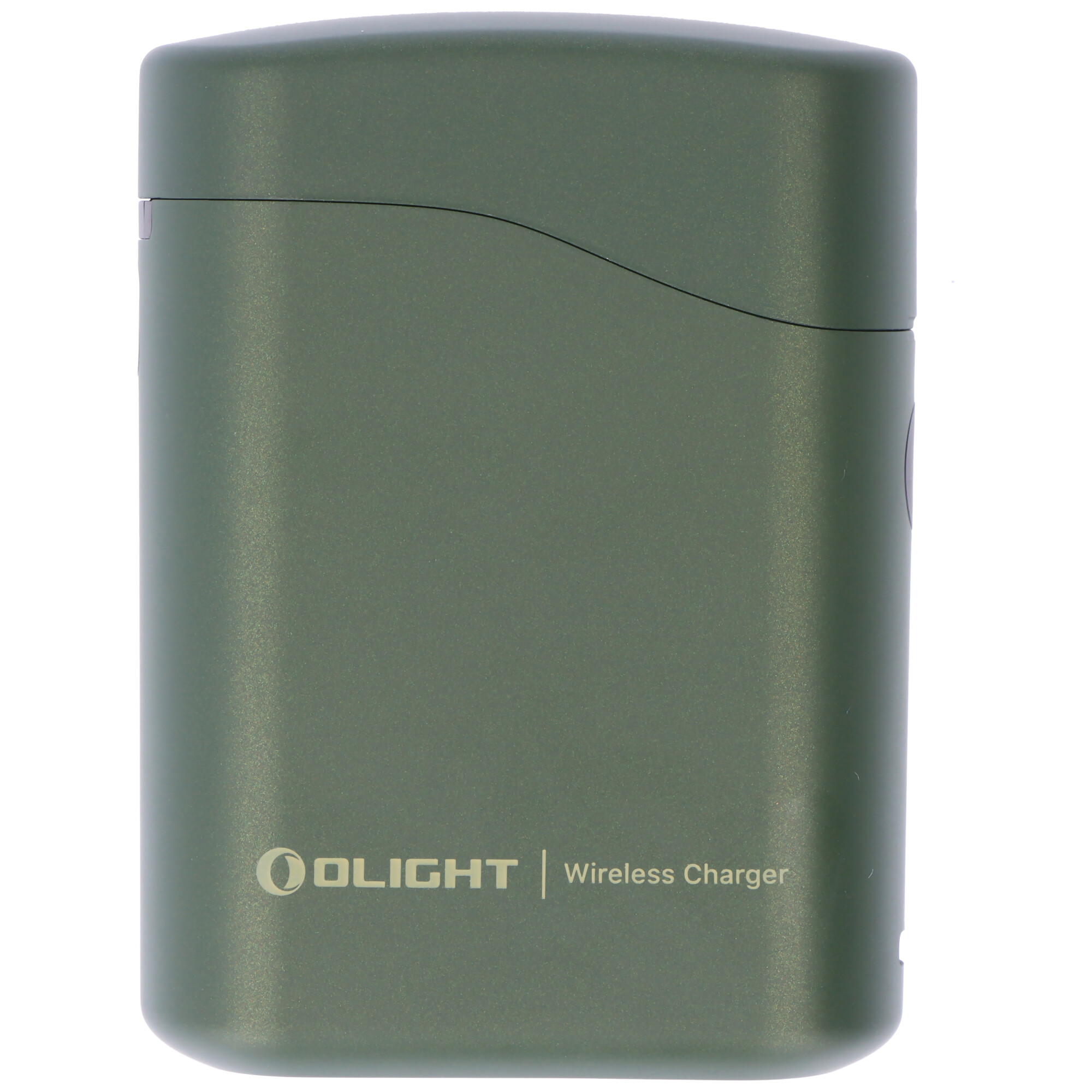 Ein mattgrünes Olight Wireless Charger Etui auf weißem Hintergrund.