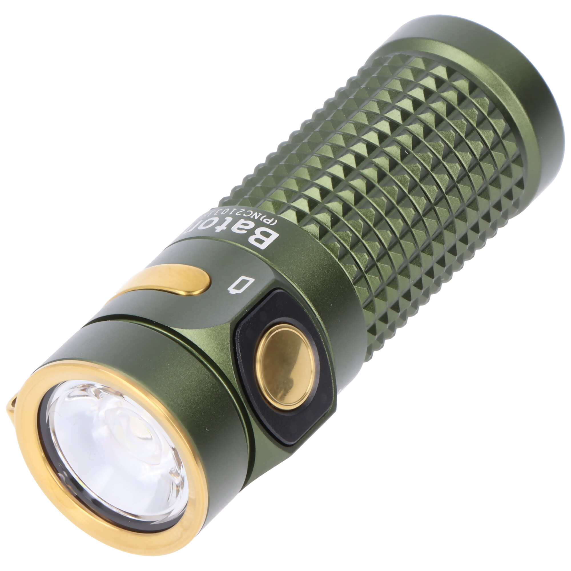 Eine grüne LED-Taschenlampe mit goldenem Rand und geriffeltem Griff auf weißem Hintergrund.