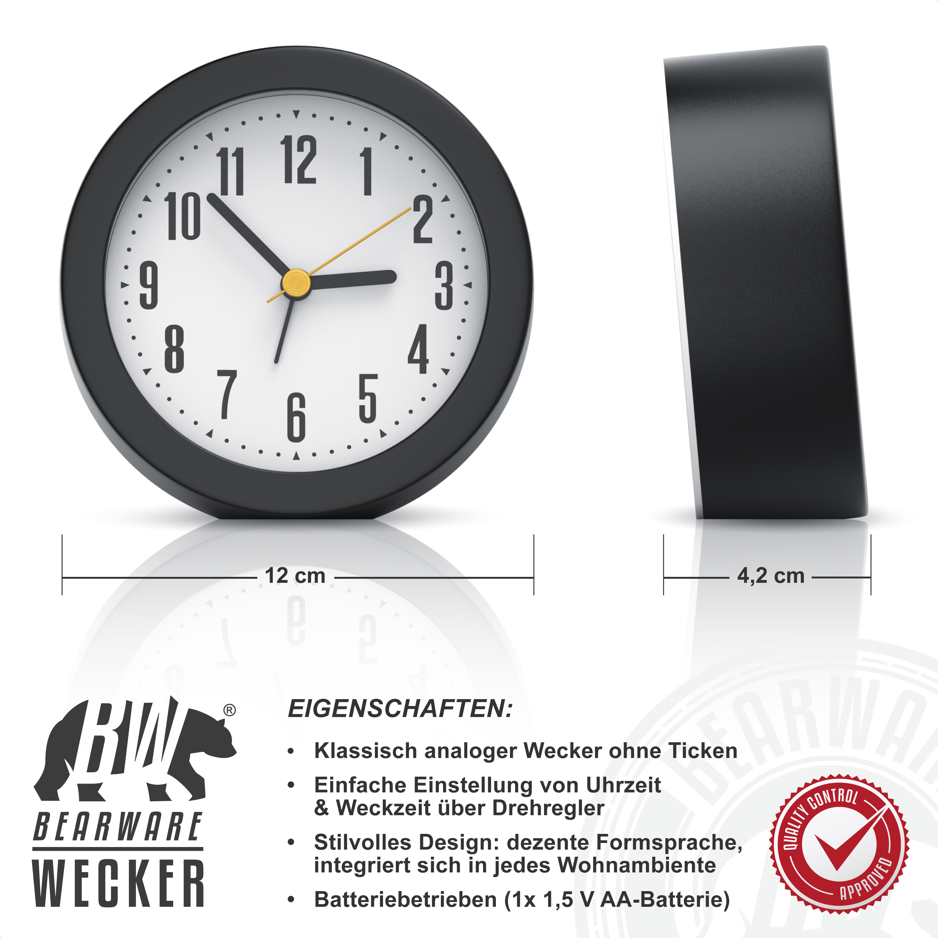 Schwarzer analoger Wecker mit Maßen, weißem Zifferblatt und Eigenschaften in deutscher Sprache.
