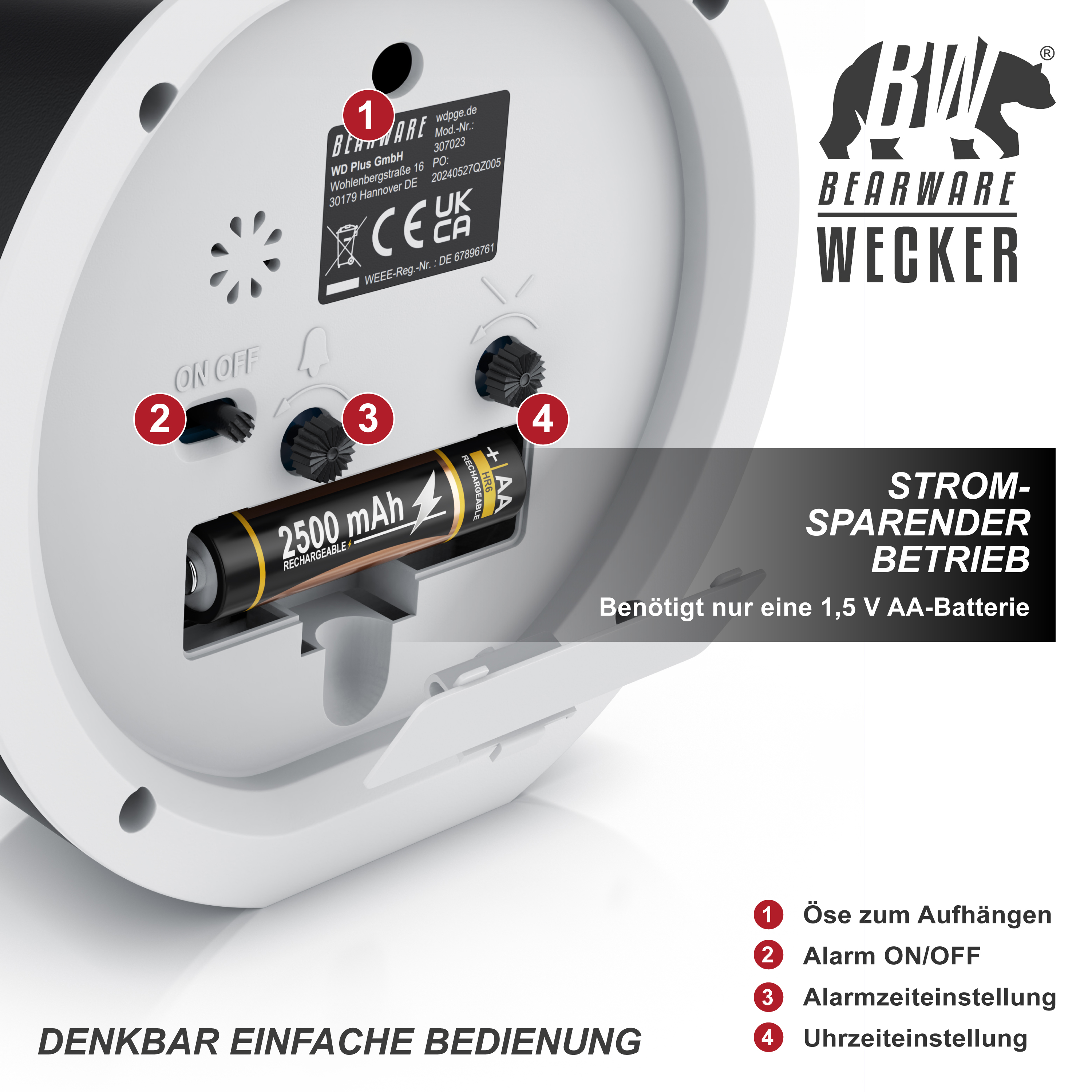 Rückseite einer weißgrauen Bearware Wecker Uhr mit eingesetzter AA-Batterie, Reglern und deutscher Beschriftung.