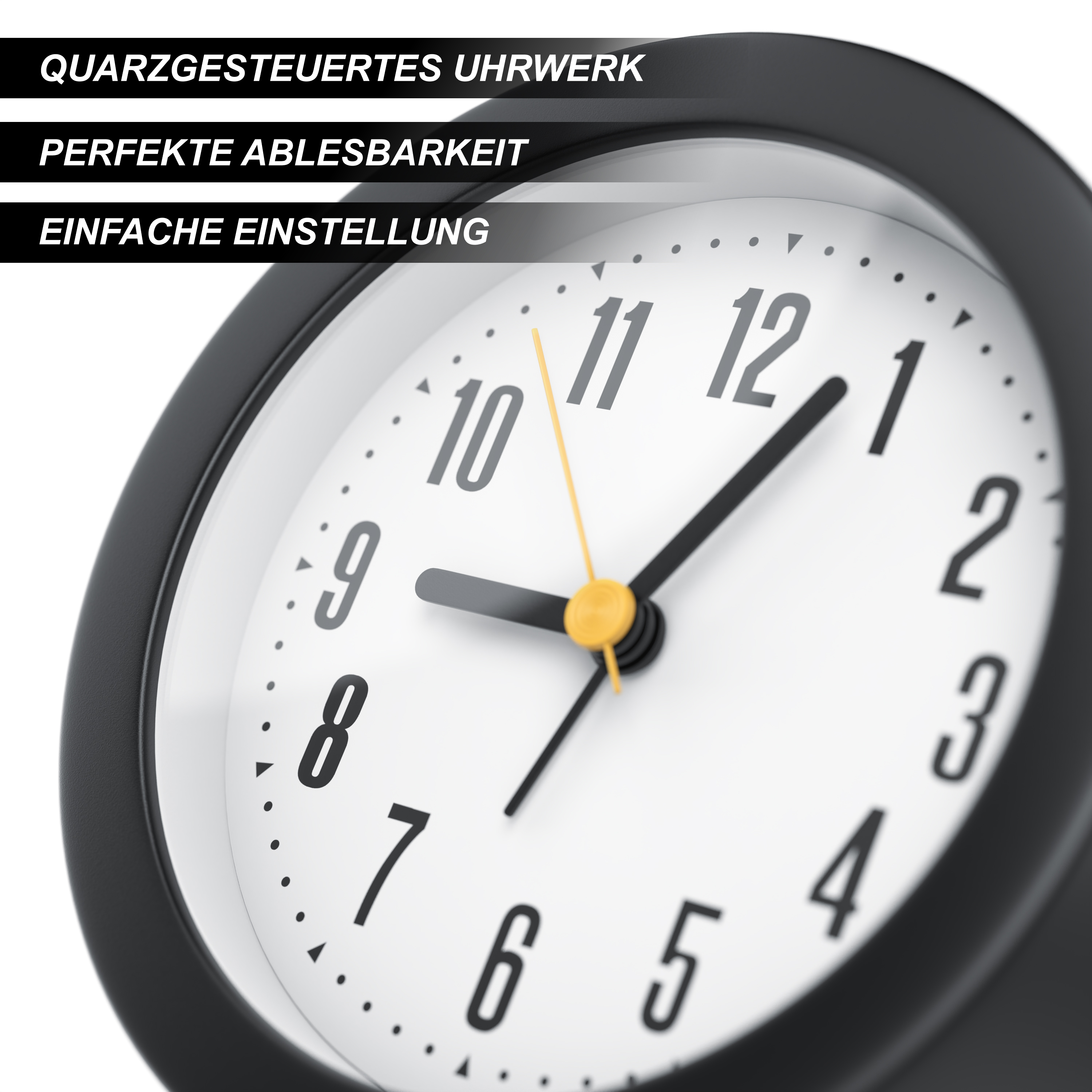 Schwarze Tischuhr mit weißem Zifferblatt, großen Zahlen und gelbem Sekundenzeiger.