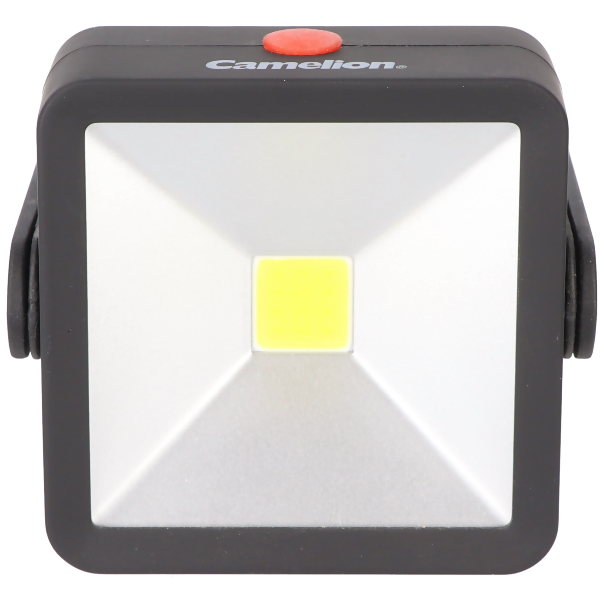 Eine schwarze Camelion-Arbeitsleuchte mit quadratischem LED-Panel und rotem Ein-Ausschalter.