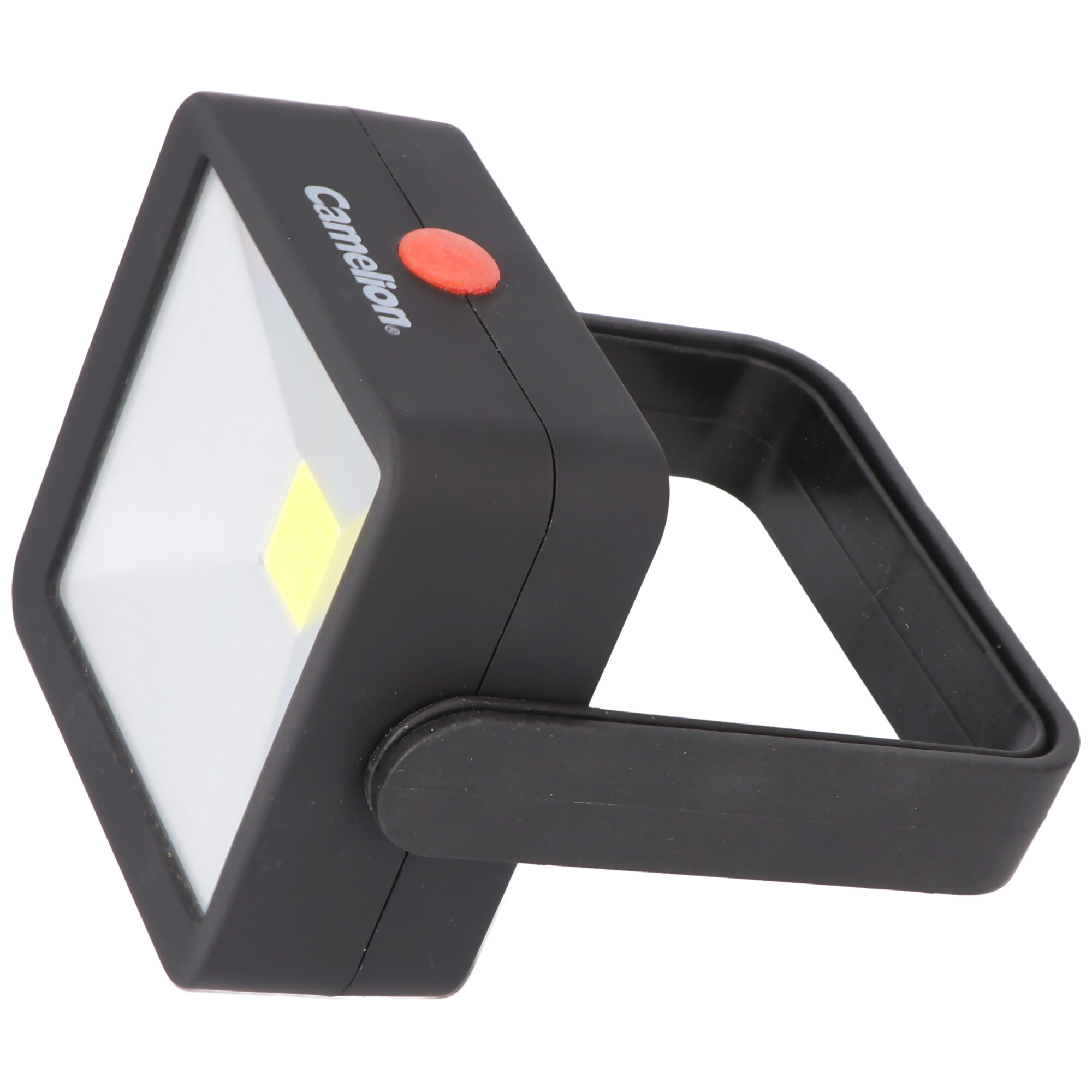 Schwarze Camelion LED-Arbeitsleuchte mit rotem Einschaltknopf und einem verstellbaren Griff auf weißem Hintergrund.