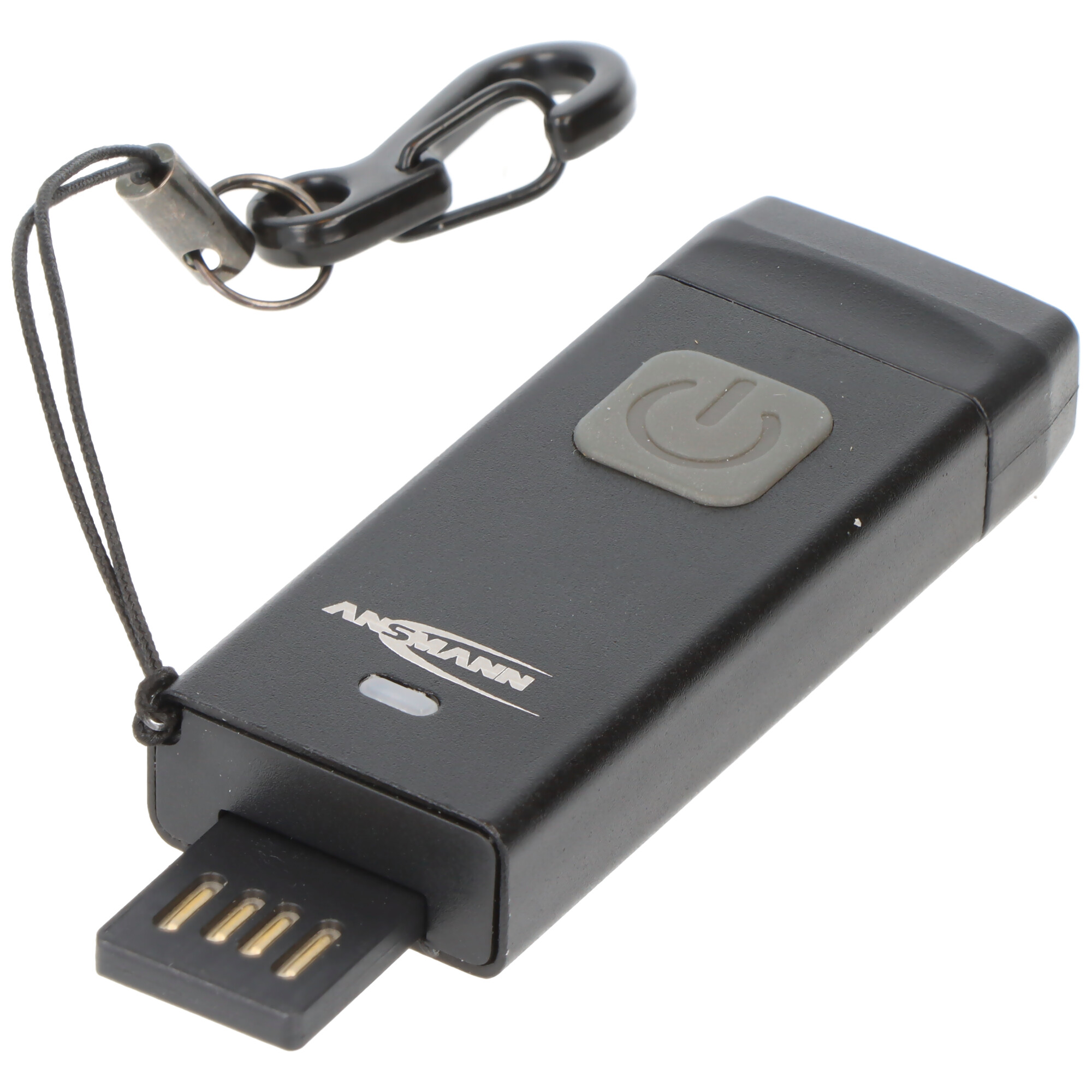 Schwarze Ansmann-Powerbank mit USB-Stecker und schwarzem Karabinerband auf weißem Hintergrund.