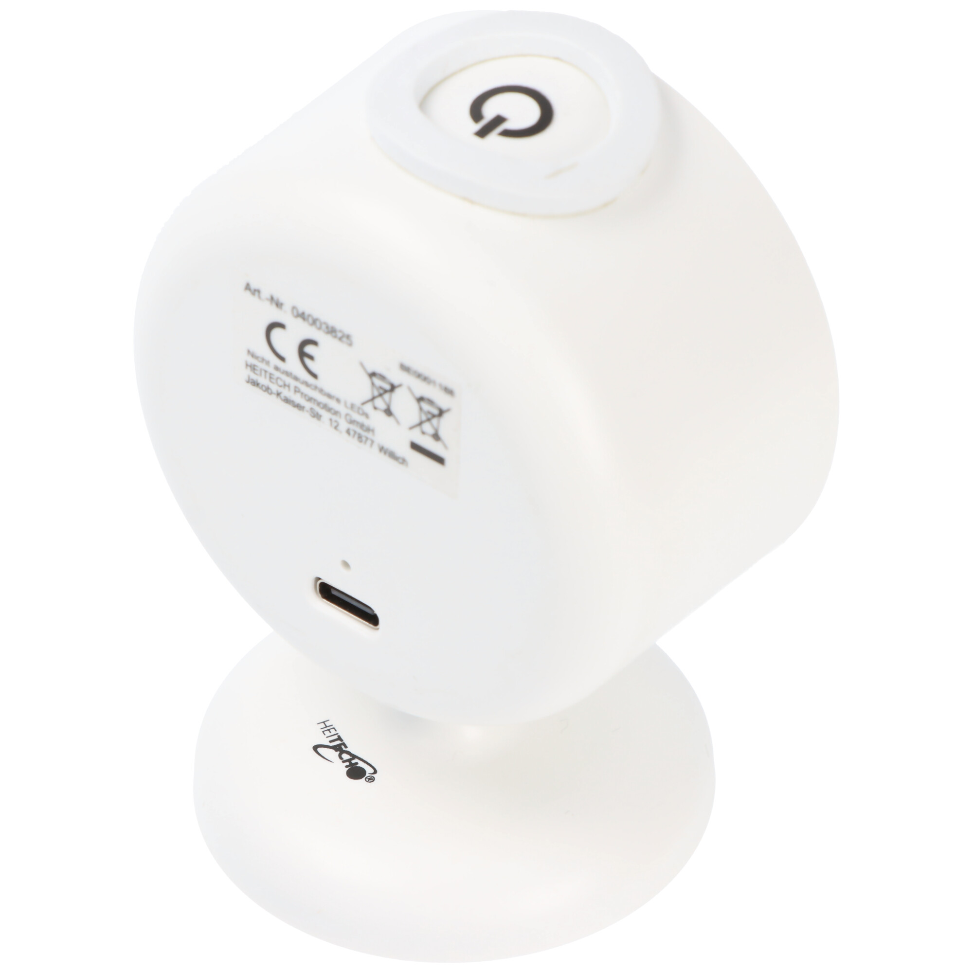 Weißes, rundes LED-Gerät auf einem runden Sockel mit USB-C-Anschluss, CE-Kennzeichnung und Ein-/Ausschalter.
