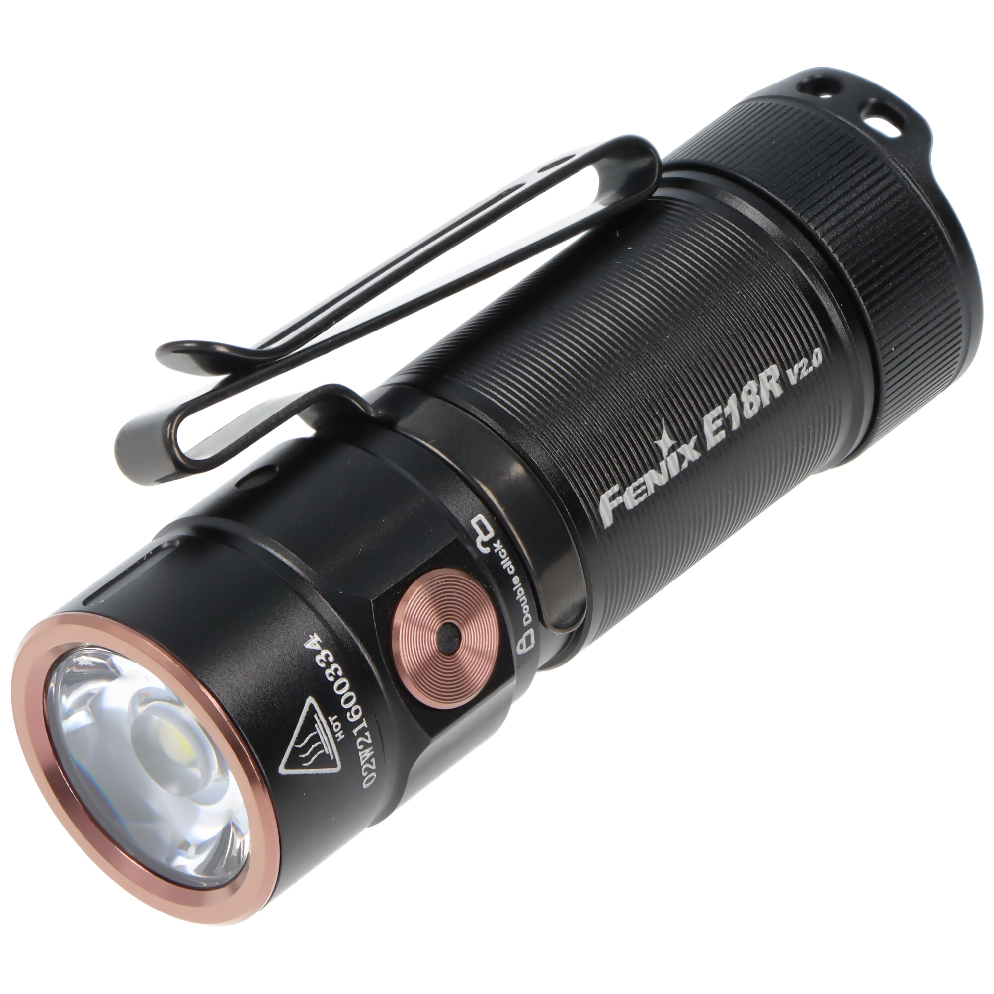 Eine kompakte, schwarze Fenix E18R V2.0 Taschenlampe mit Clip und roségoldener Lünette auf weißem Hintergrund.
