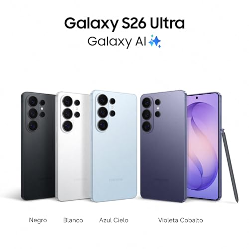 Vier Galaxy S26 Ultra Smartphones in Schwarz, Weiß, Hellblau und Violett, mit Stift und Text oben.