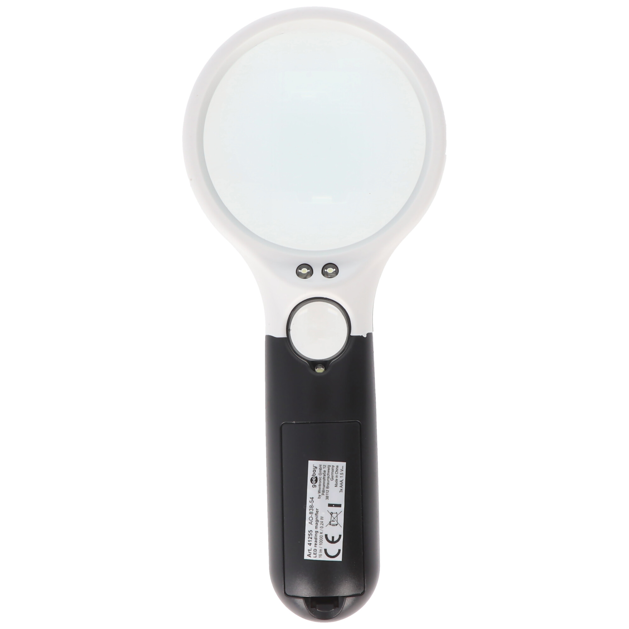 Eine weiß-schwarze LED-Leselupe auf weißem Hintergrund mit Produktetikett.
