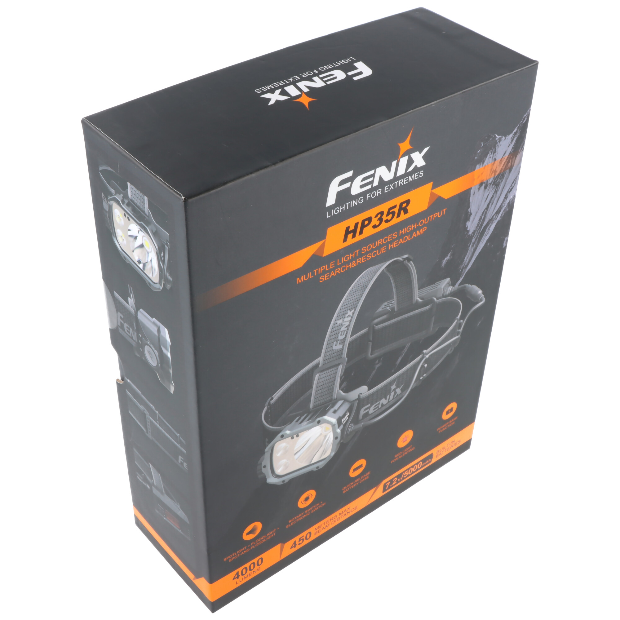 Schwarze Produktverpackung der Fenix HP35R Such- und Rettungsstirnlampe mit orangefarbenen Akzenten.