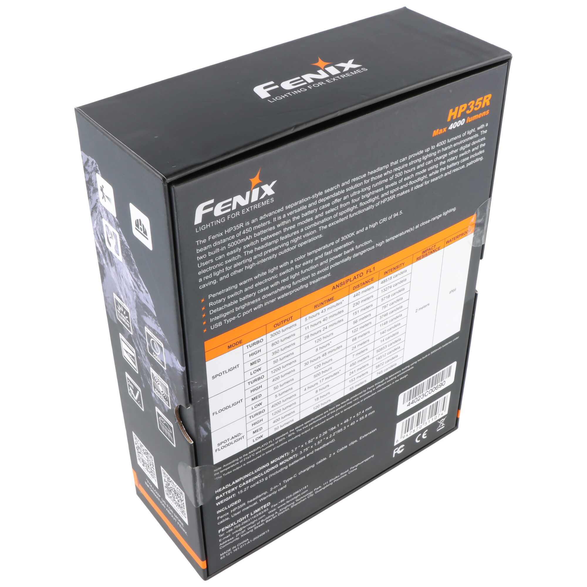 Eine schwarze Produktverpackung der Fenix HP35R Stirnlampe mit Technischen Daten und Barcode auf der Rückseite.