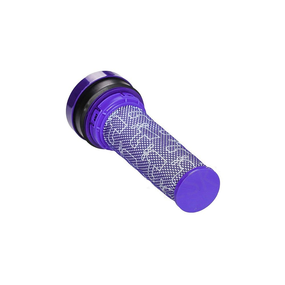 Un filtro per aspirapolvere cilindrico viola con motivo bianco e tappo scuro su sfondo bianco.