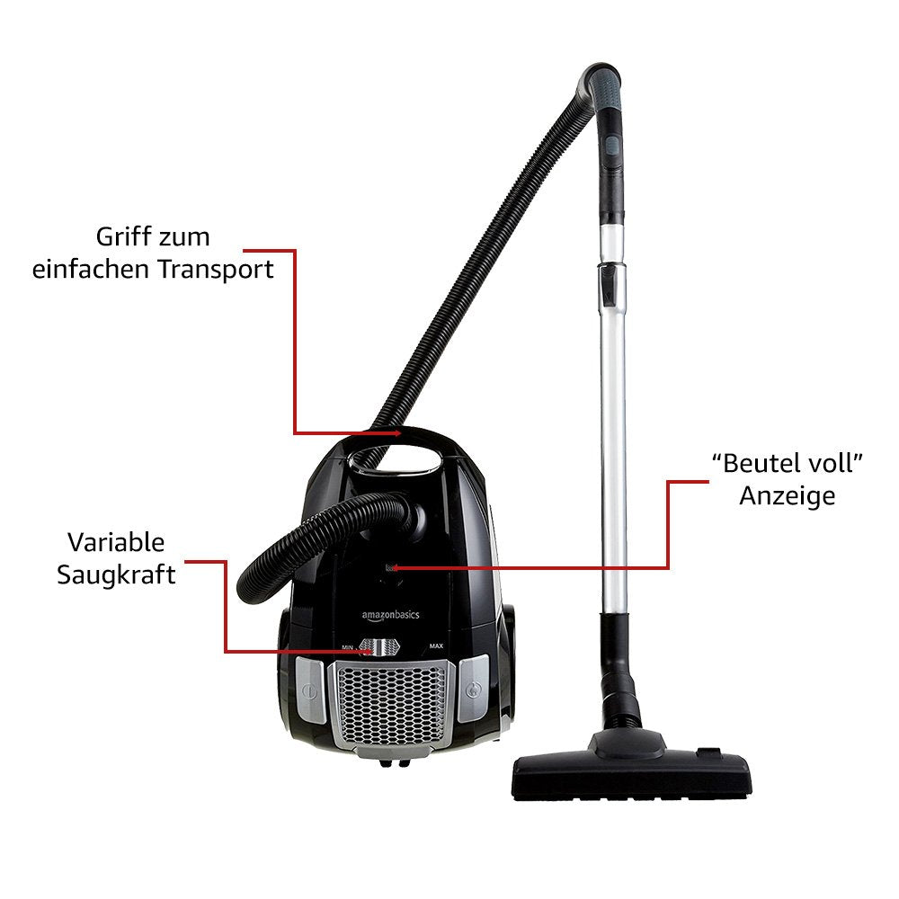 Aspirapolvere nero con tubo flessibile, tubo telescopico ed etichette in tedesco.