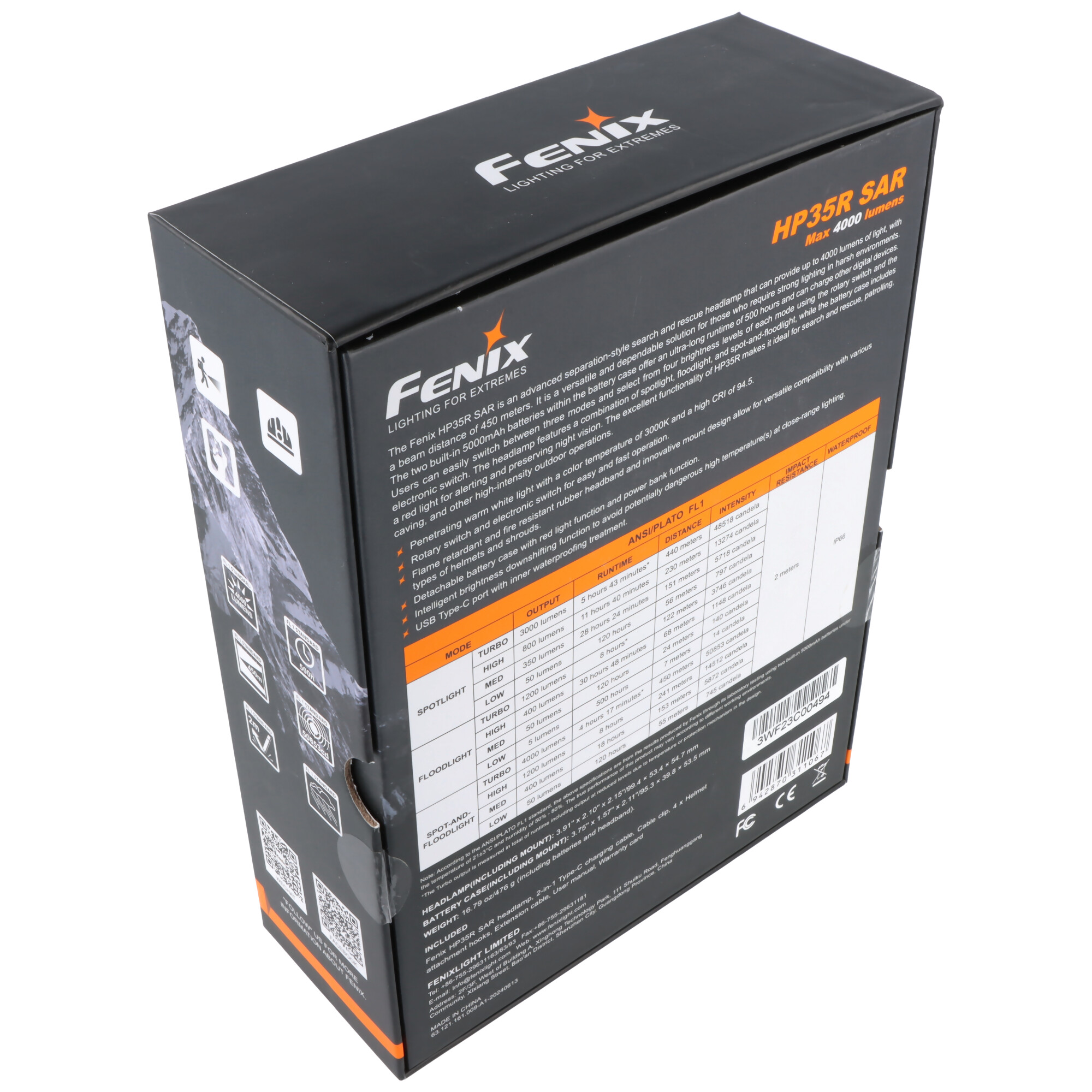 Schwarze Fenix HP35R SAR Stirnlampen-Verpackung mit technischen Daten und Produkt-Icons.