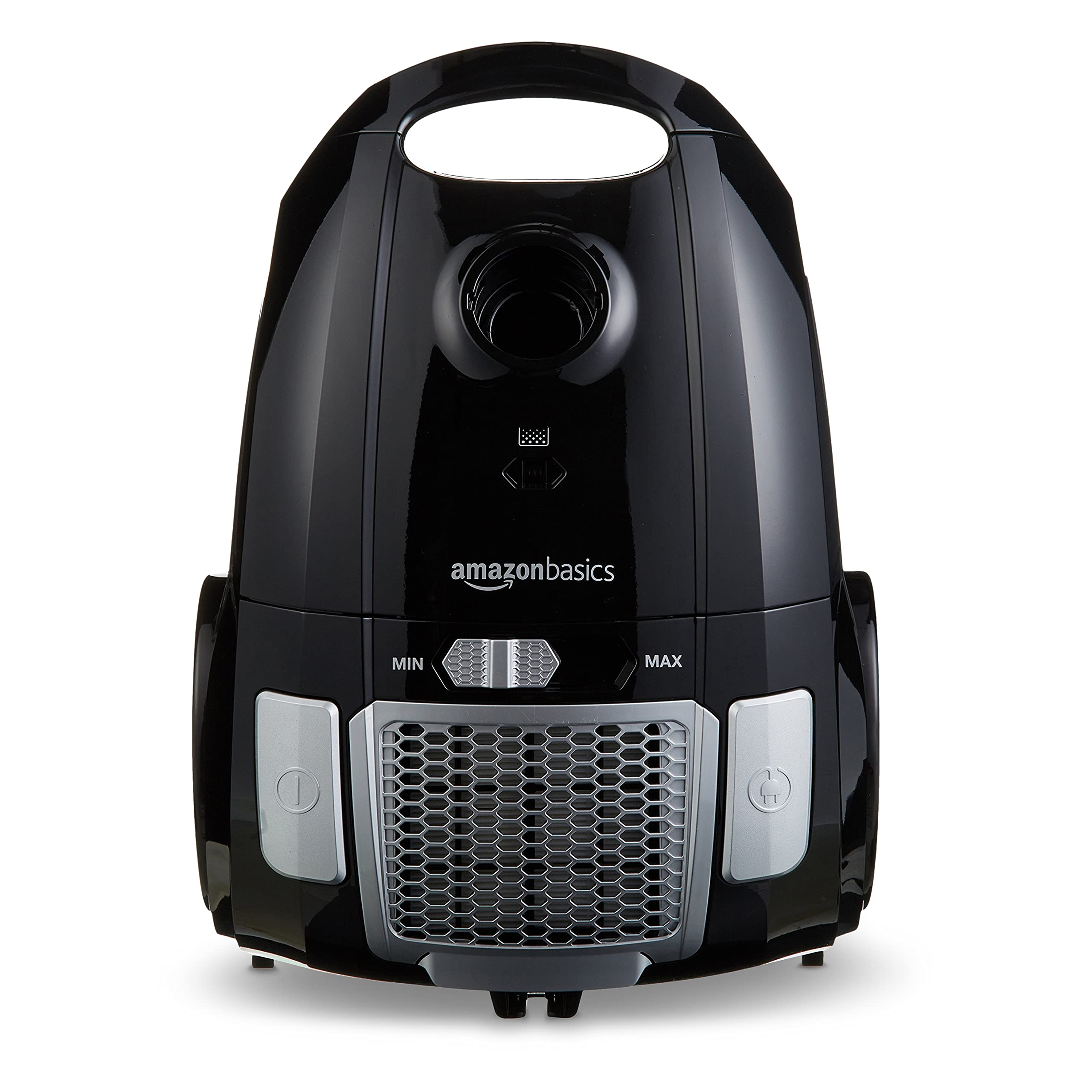 Aspirapolvere a traino Amazon Basics nero lucido con pulsanti argentati e griglia frontale.