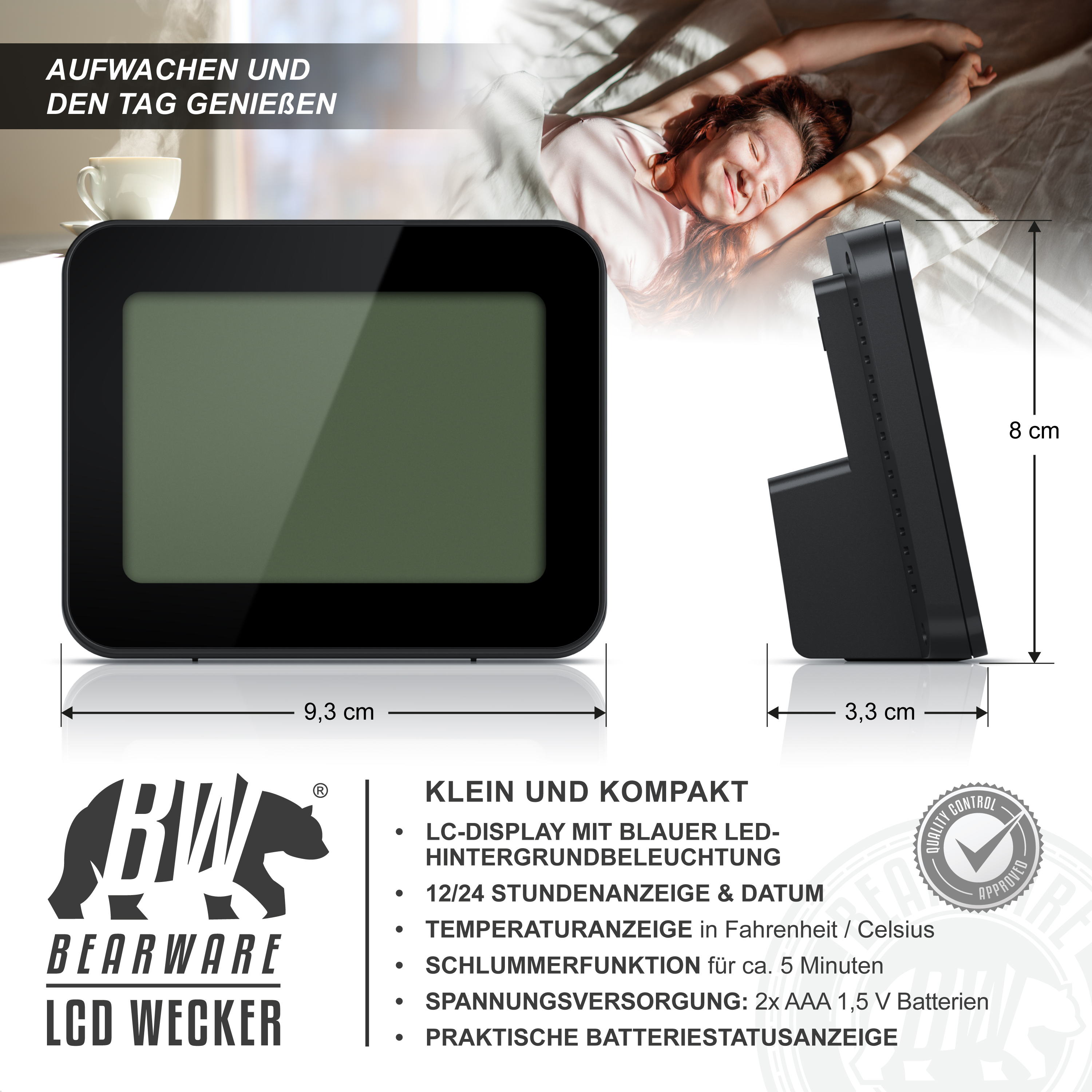 Bearware LCD-Wecker mit Maßen, Funktionsliste und Hintergrundbild einer aufwachenden Frau.