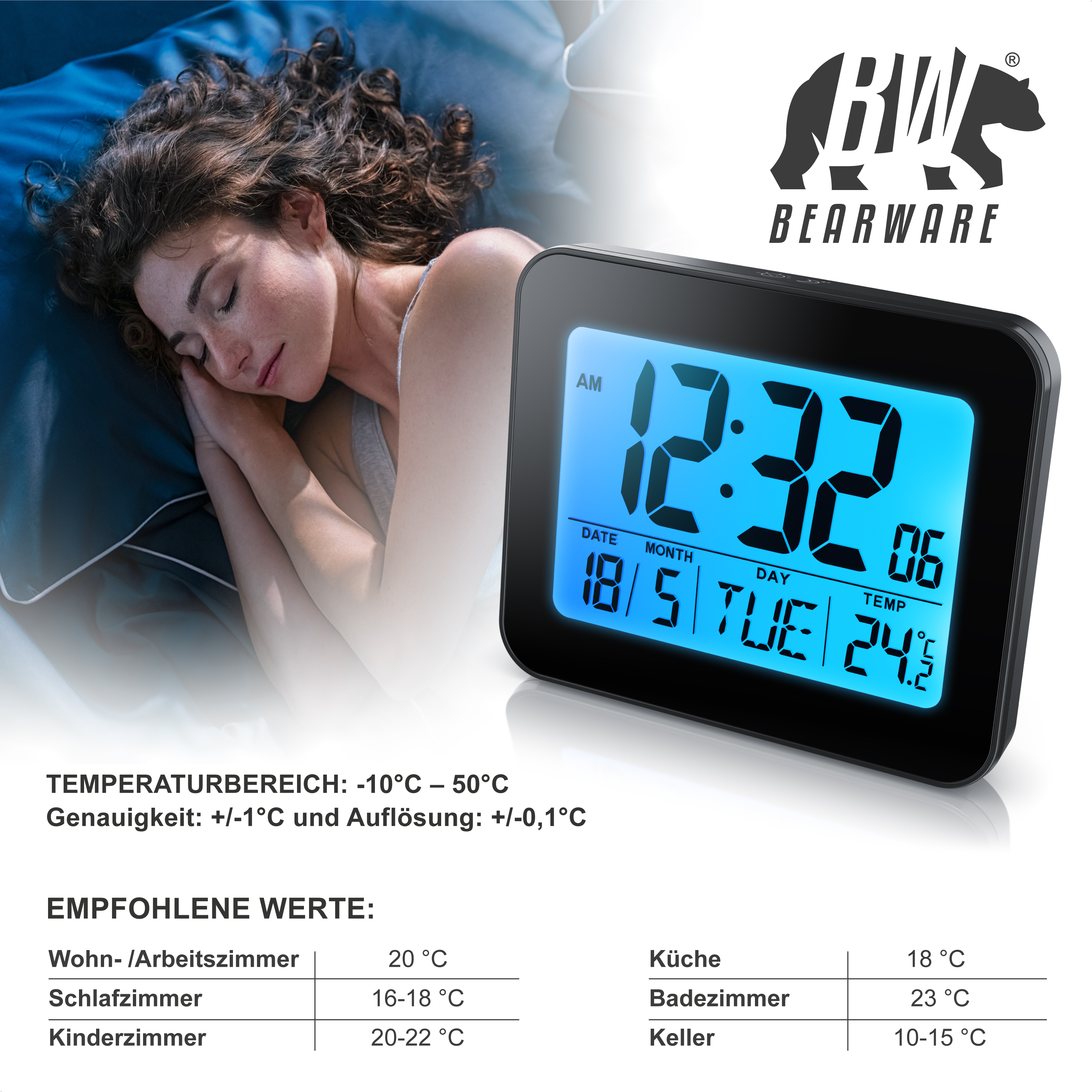 Ein digitaler Wecker mit blauem Display neben einer schlafenden Frau und Temperaturangaben.