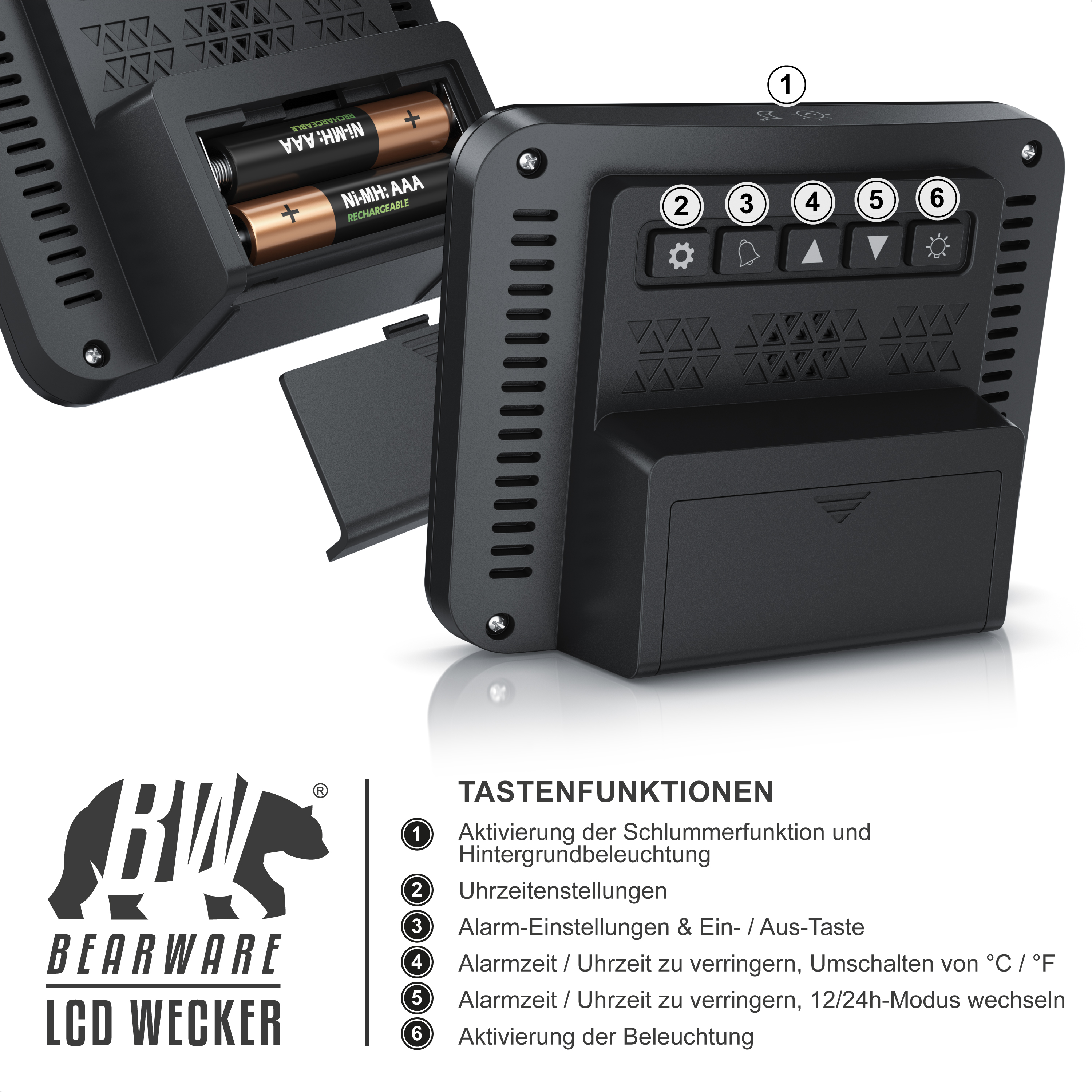 Ein schwarzer Wecker mit Tasten und Batteriefach, darunter eine Funktionsbeschreibung.