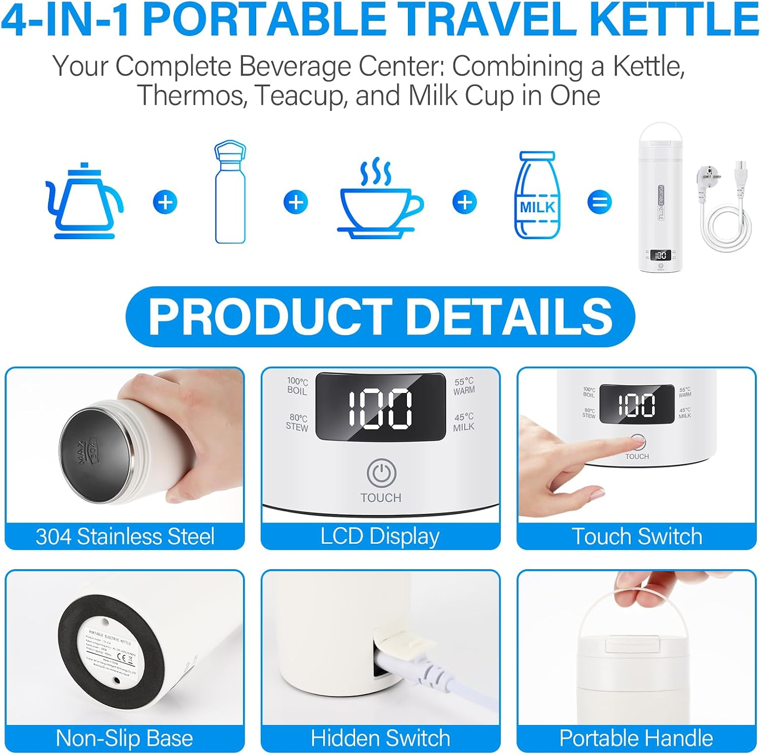 Produktdetails für einen tragbaren 4-in-1-Reisekocher mit Edelstahlinnerem, LCD-Display und Touch-Schalter.