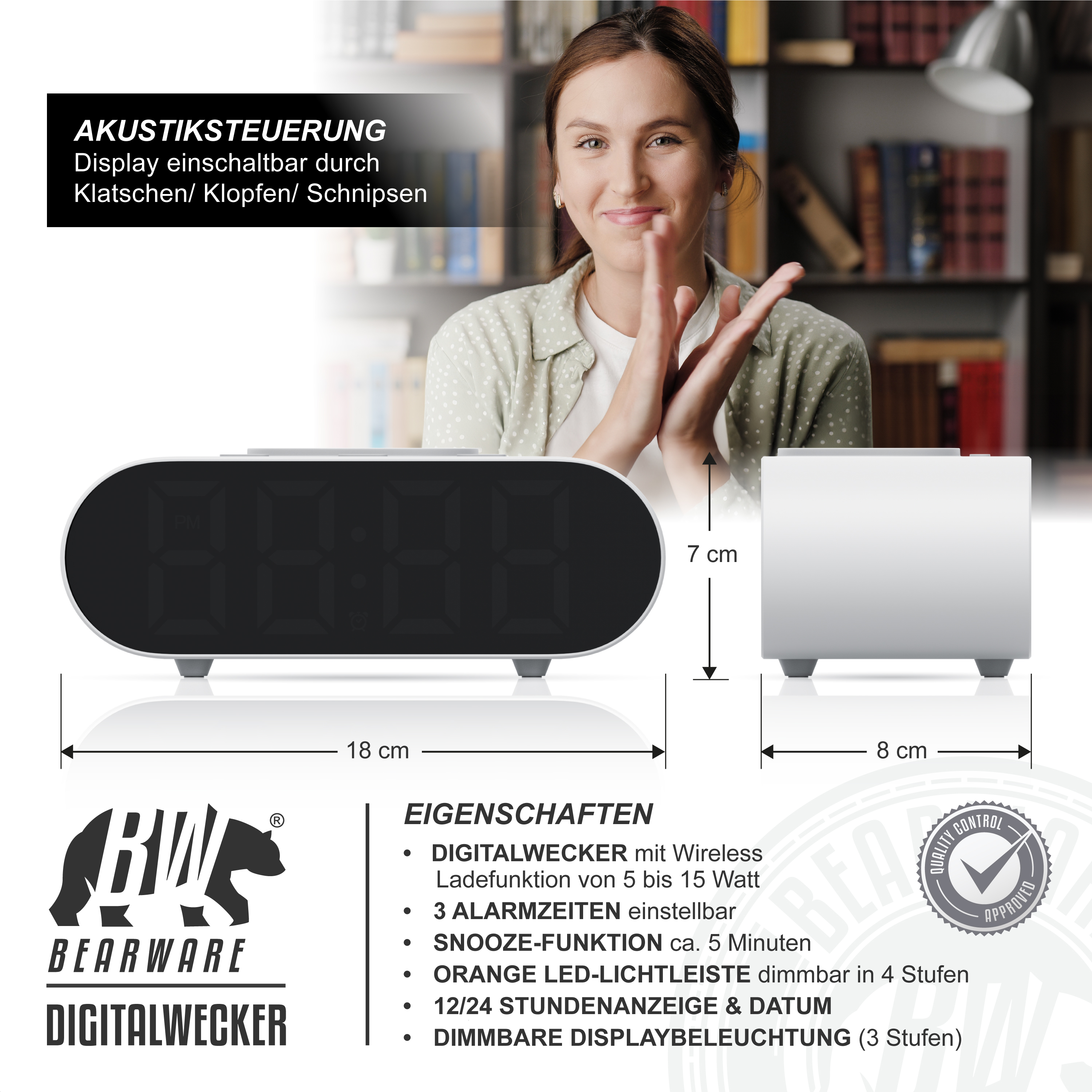 Produktwerbung für einen digitalen Wecker mit Abmessungen, akustischer Steuerung und Funktionsliste.