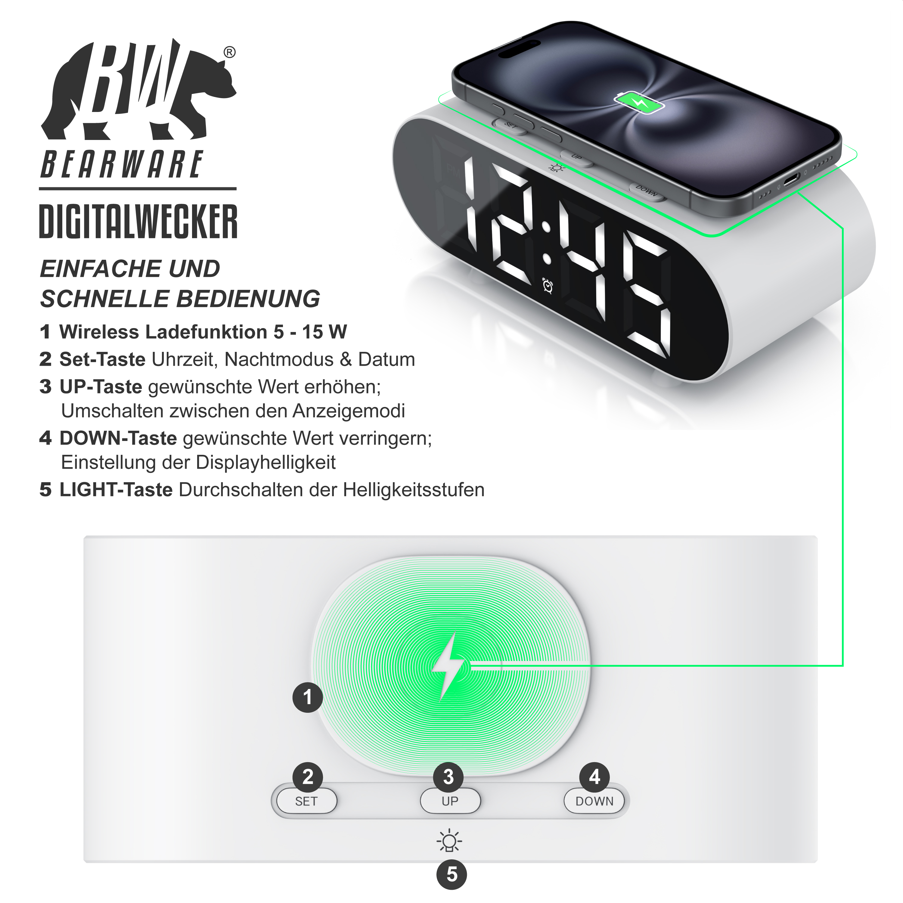 Weisser digitaler Wecker mit kabelloser Handyladung, Anzeige 12:45, beschrifteten Tasten und deutschem Text.