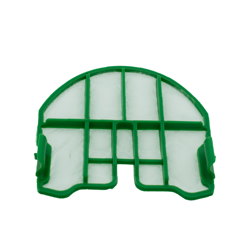 Un telaio di plastica verde con una maglia filtrante bianca su sfondo bianco.