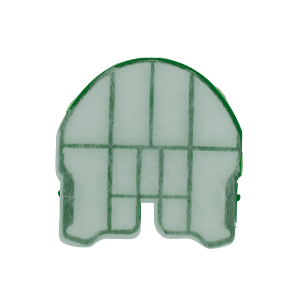 Un filtro ad arco verde e bianco con motivo a griglia su sfondo bianco.
