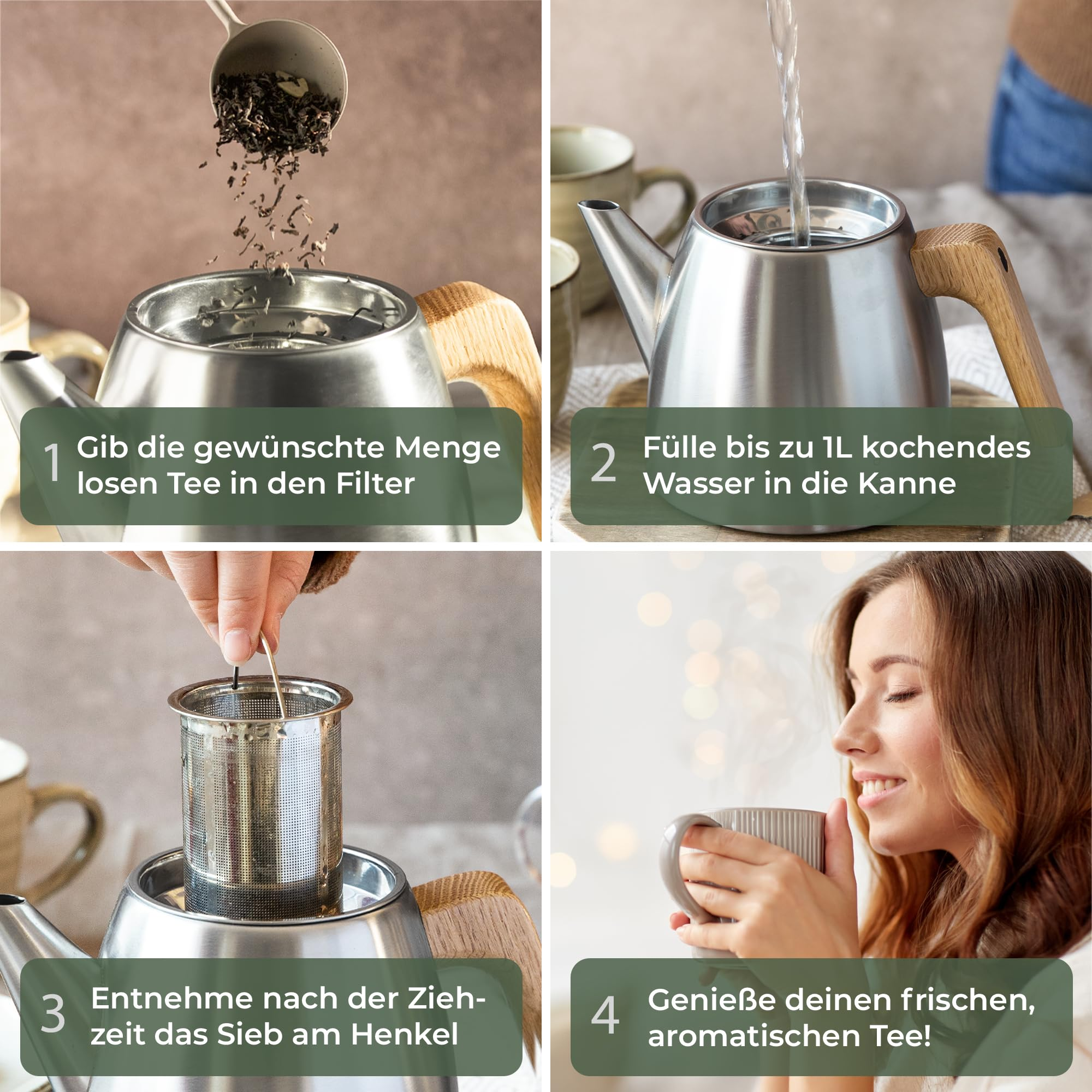 Vier Schritte zur Teezubereitung: Tee einfüllen, Wasser gießen, Sieb herausnehmen und Tee genießen.