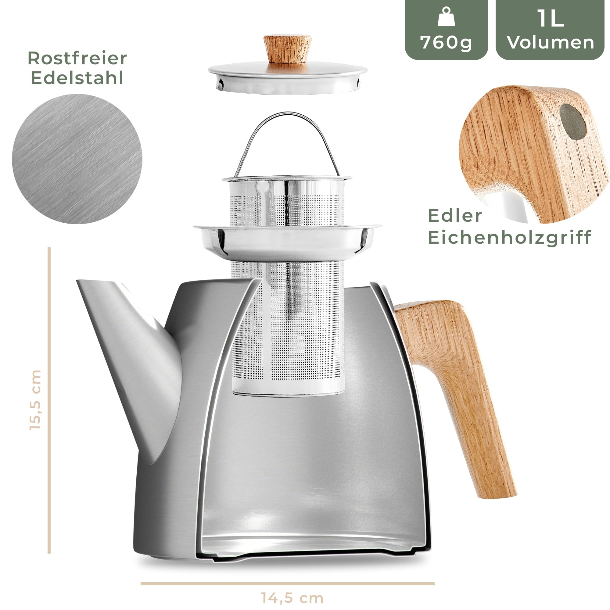 Teekanne aus Edelstahl mit Holzgriff, Einsatz und Deckel, mit Maßen und Materialdetails.