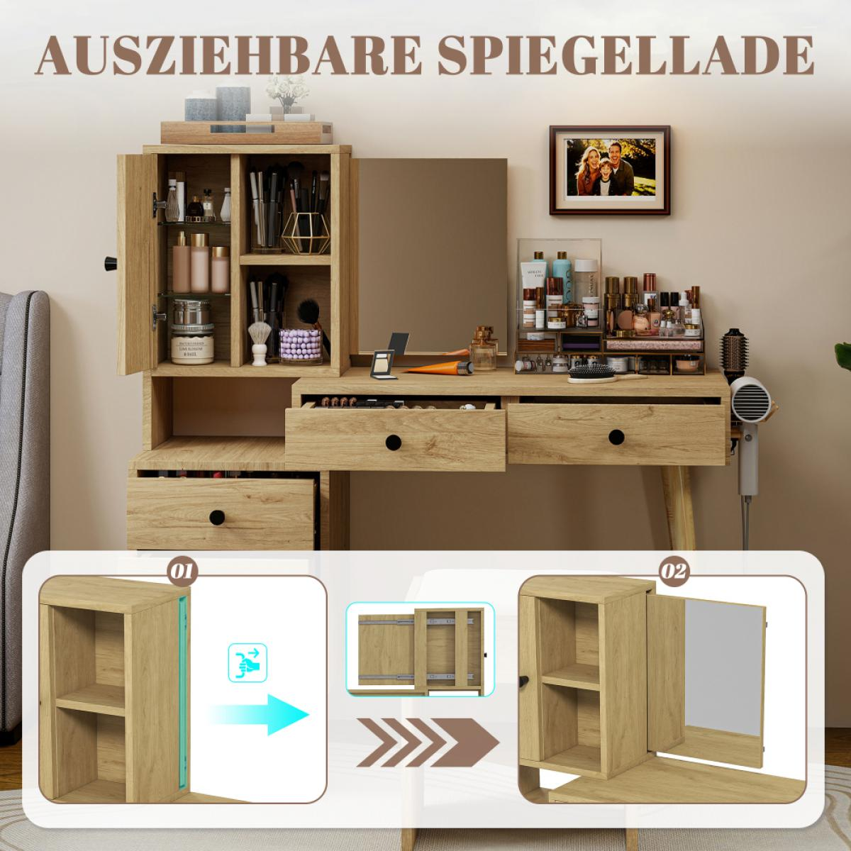 Holz-Schminktisch mit ausziehbarer Spiegellade, Regalen und Make-up-Organiern.