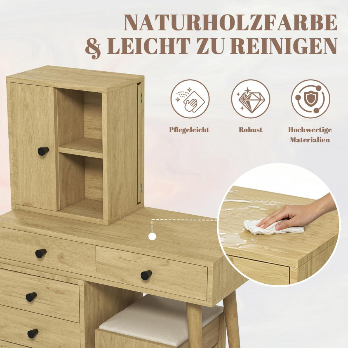 Holzfarbener Schminktisch mit Aufsatz, Schubladen und Hocker. Inset zeigt Hand beim Wischen der Oberfläche.