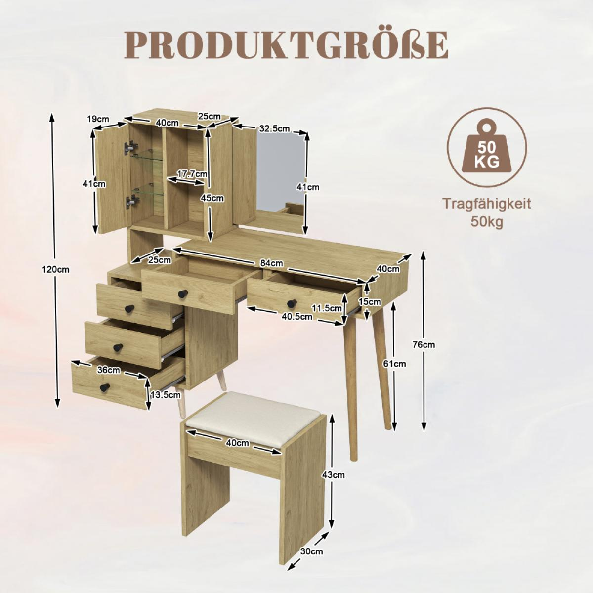 Holz-Schminktisch mit Spiegel, Schubladen, Hocker und Maßangaben.