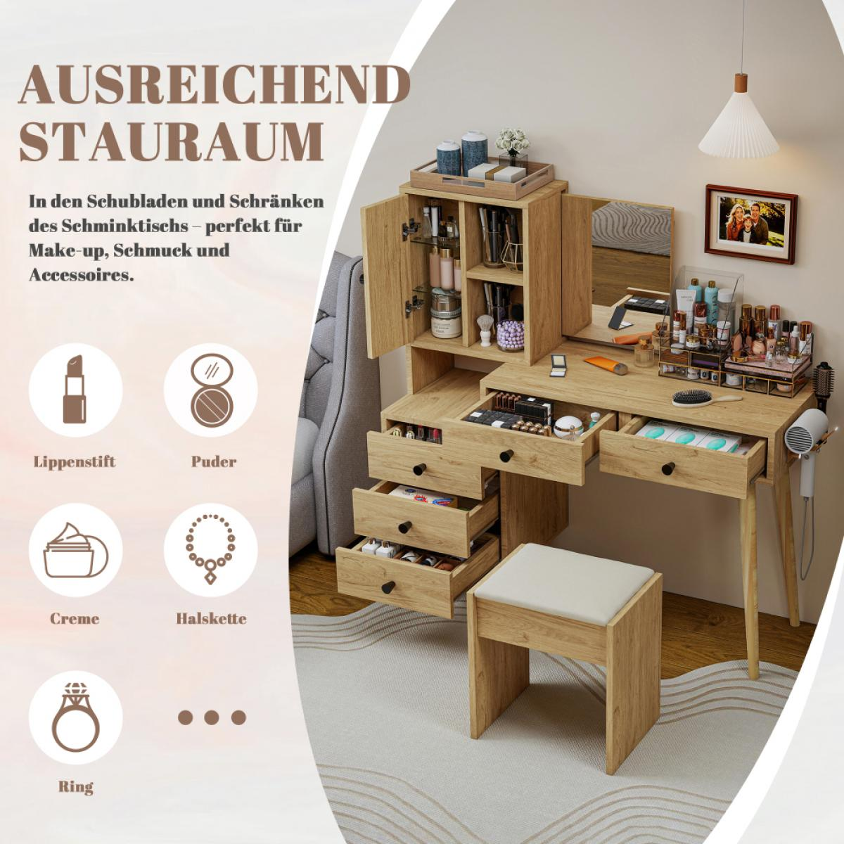 Moderner Holzdanktisch mit Schubladen, Spiegel, Kosmetik und passendem Hocker auf hellem Teppich.