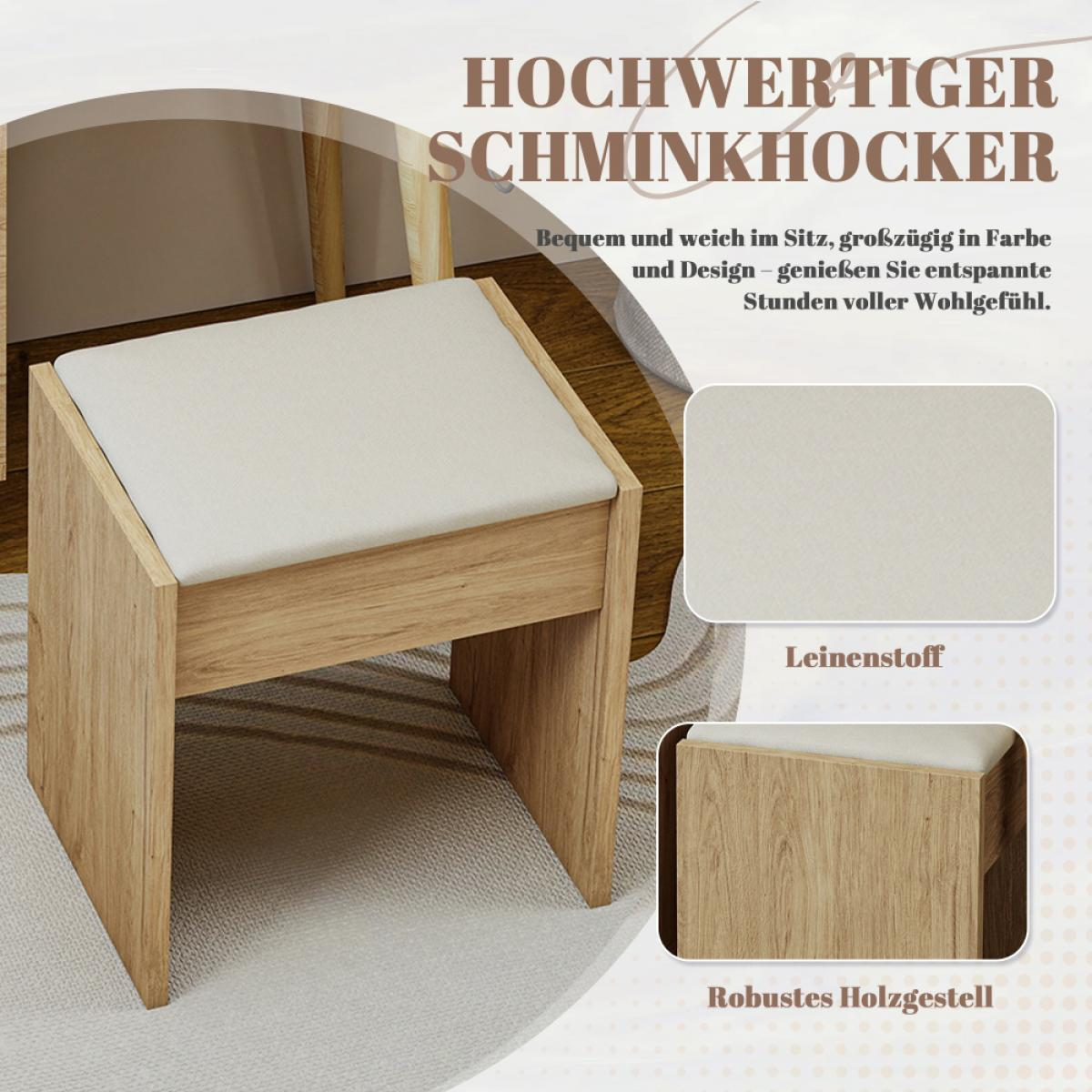 Ein hölzerner Schminkhocker mit weißem Leinenbezug auf einem runden Teppich mit deutscher Werbeinschrift.