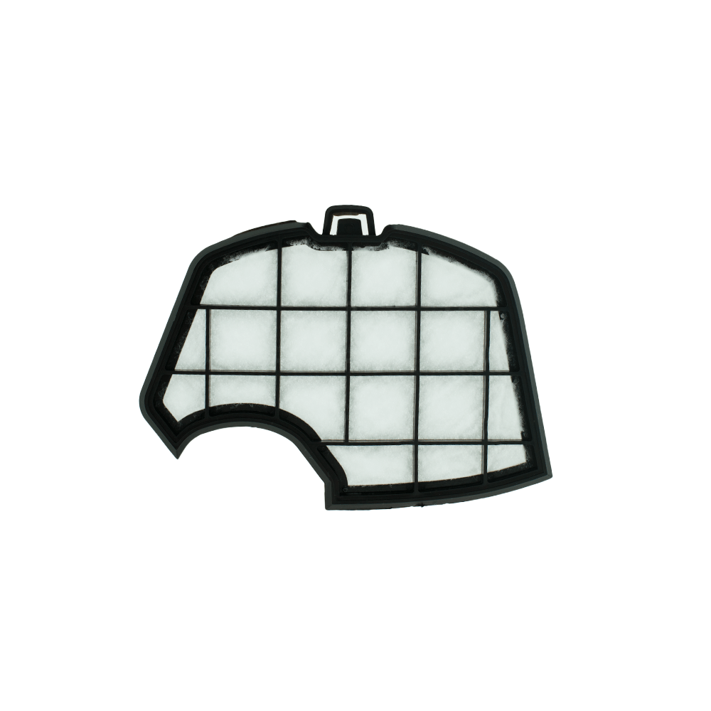 Filtro in plastica nera con materiale fibroso bianco e griglia su sfondo bianco.