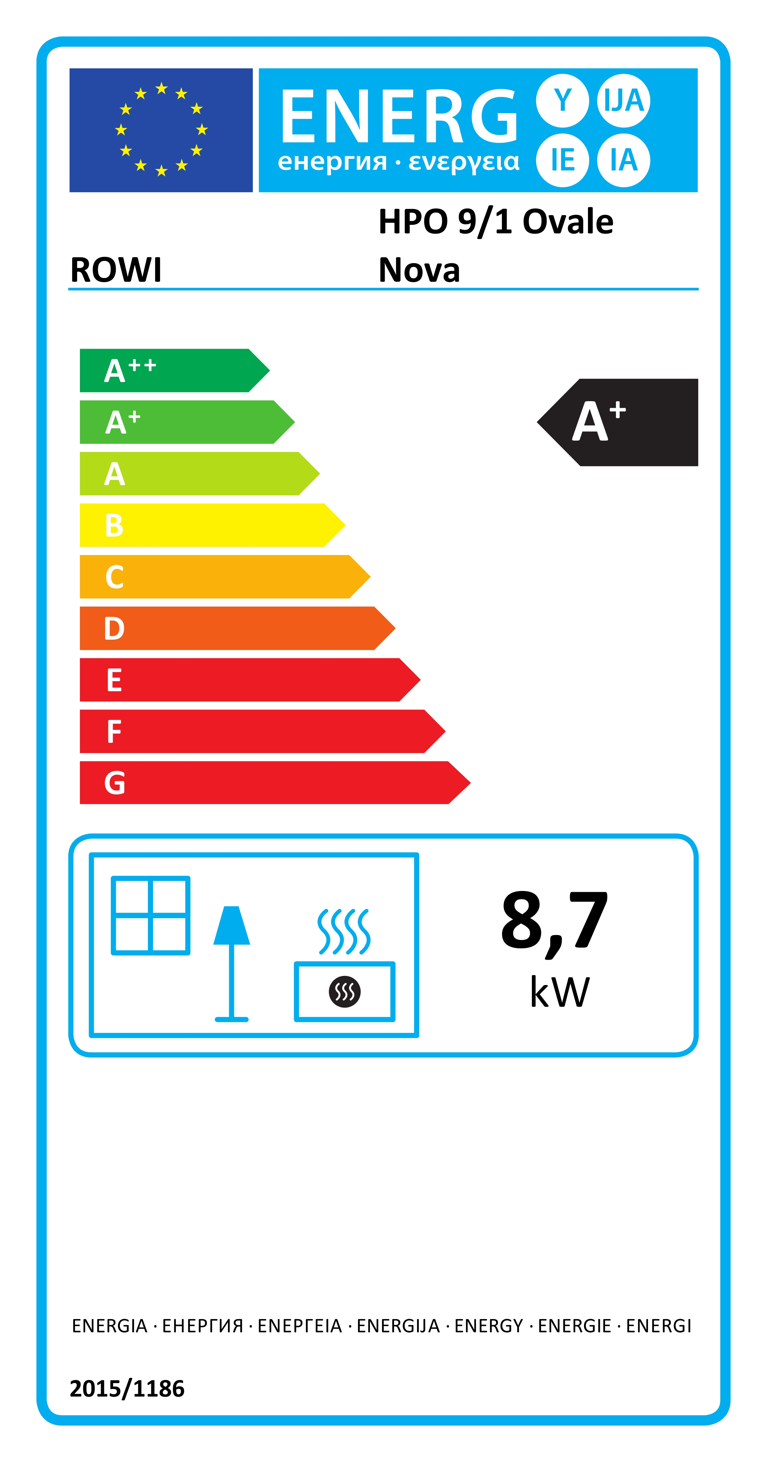 EU-Energieeffizienzlabel für ROWI HPO 9/1 Ovale Nova mit Klasse A+ und 8,7 kW Leistung.