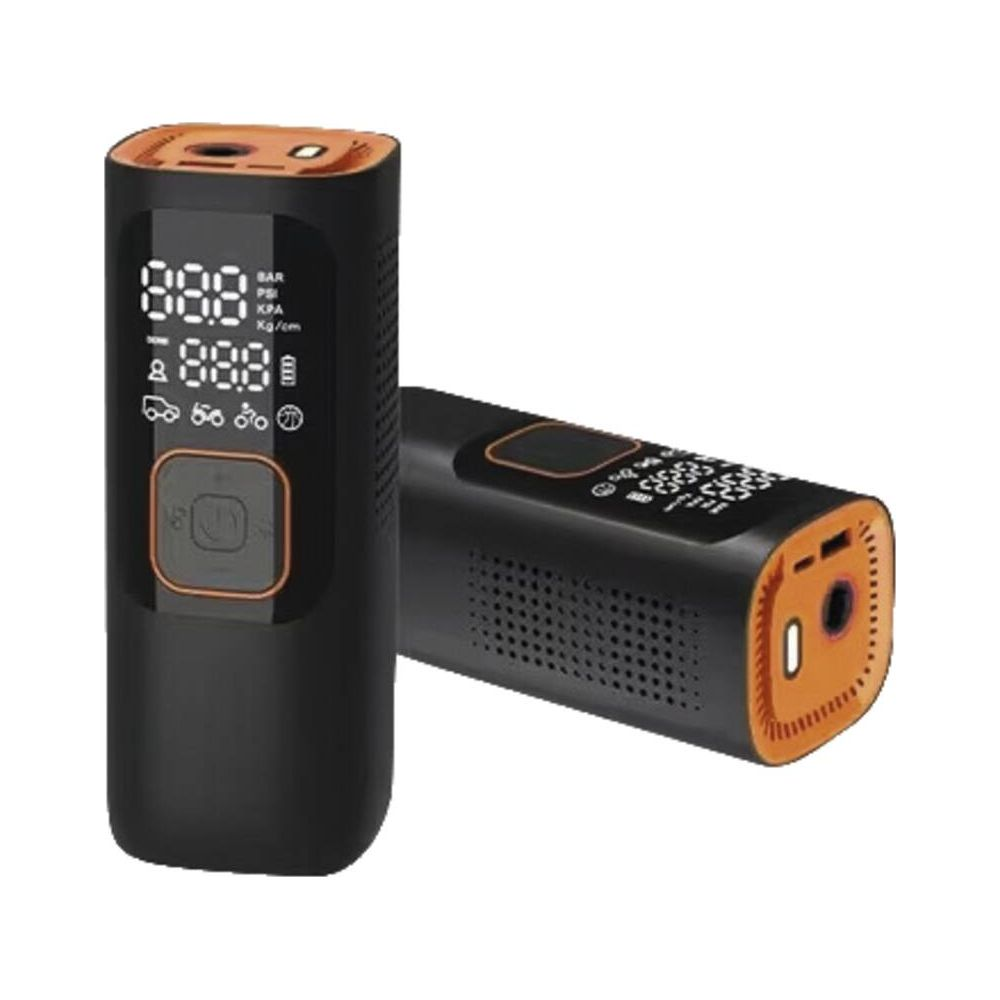 Deux compresseurs d'air portables noirs et orange avec écrans numériques et boutons, affichés verticalement et horizontalement.