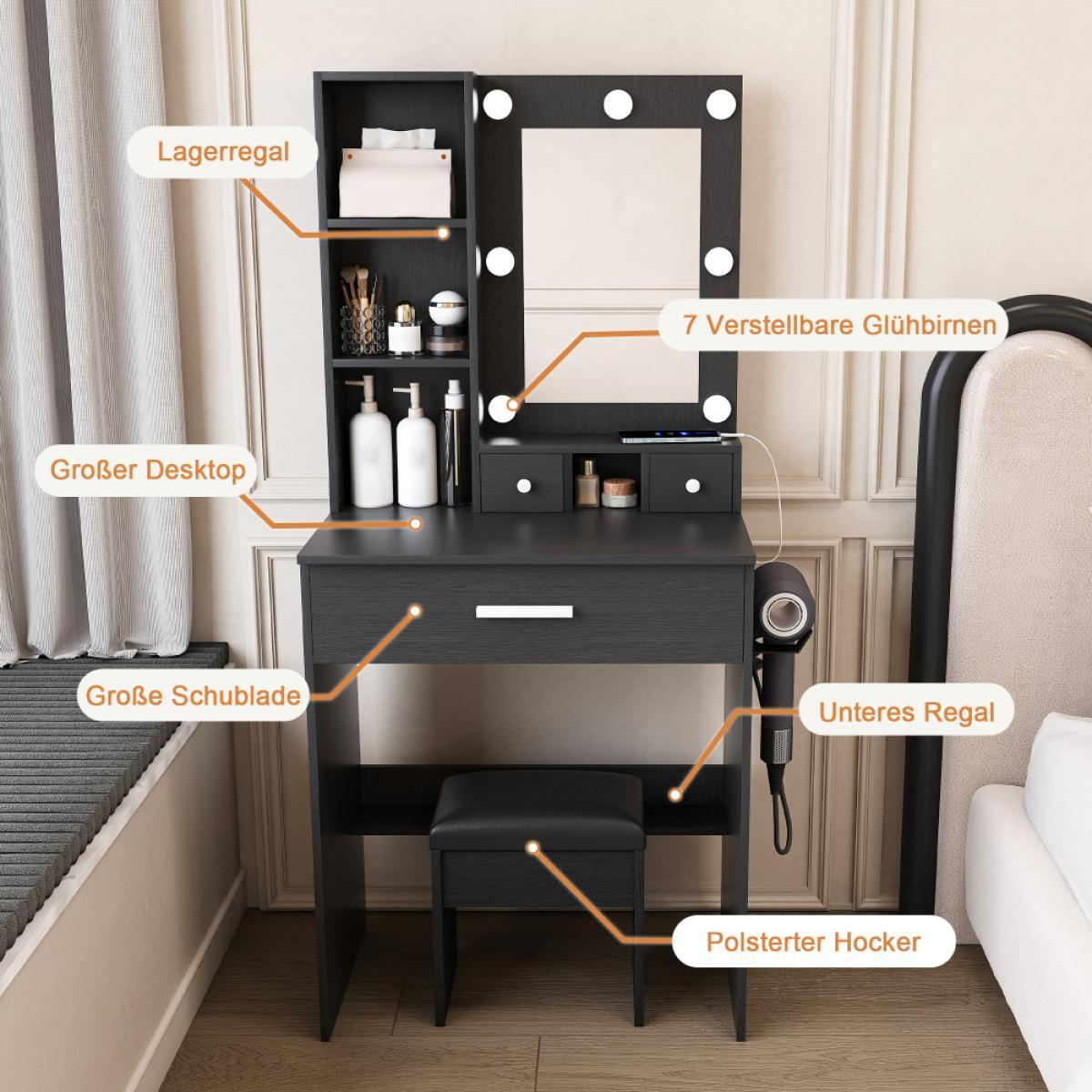 Schwarzer Schminktisch mit beleuchtetem Spiegel, Schubladen, Regalen und gepolstertem Hocker im Schlafzimmer.