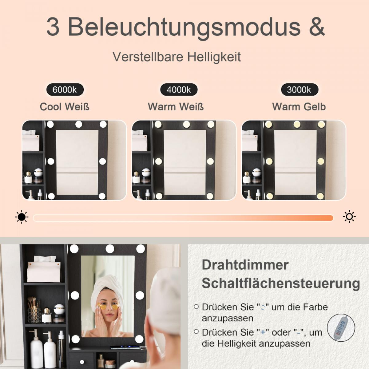 Ein Kosmetikspiegel mit drei Lichtmodi und einstellbarer Helligkeit, gesteuert per Drahtdimmer.