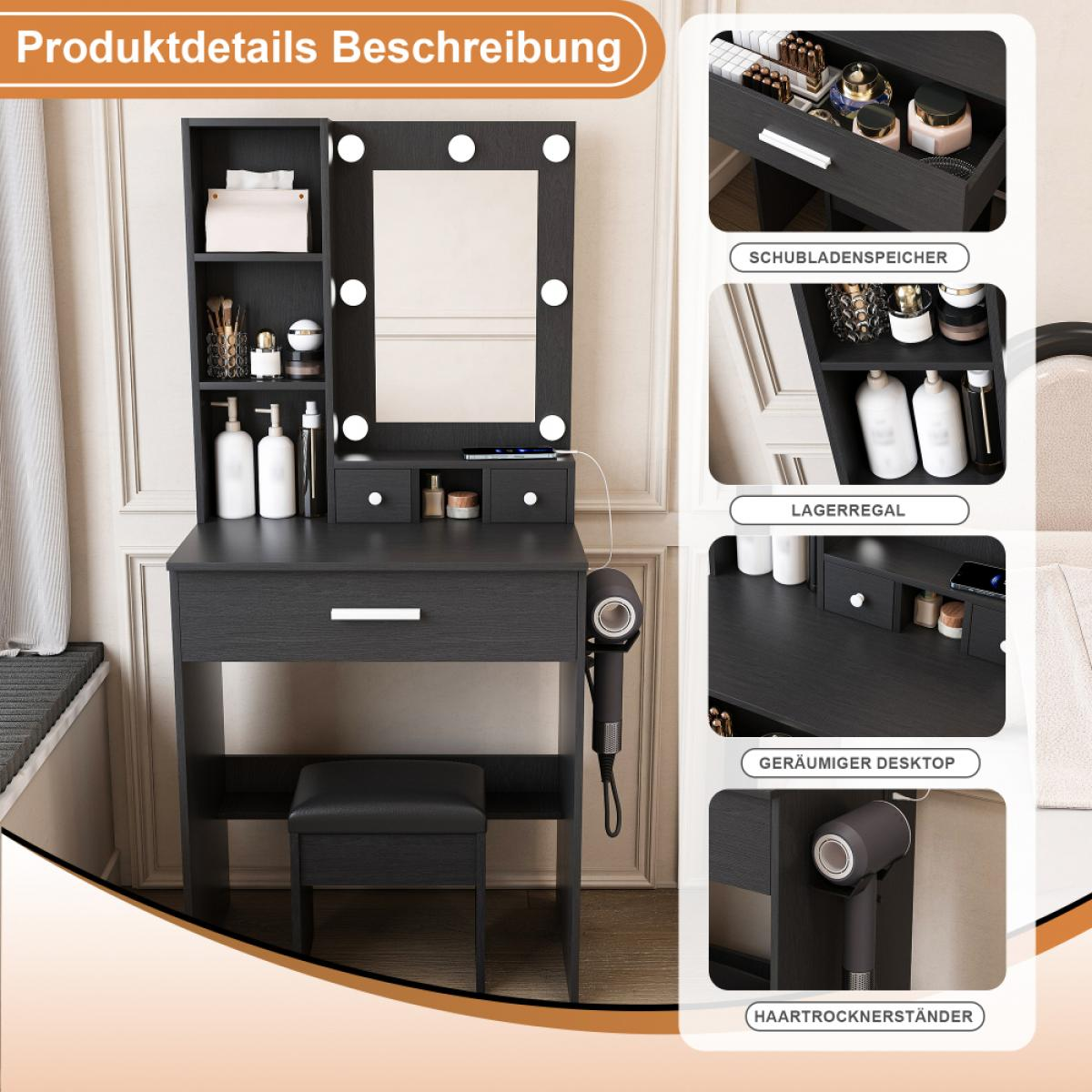 Schwarzer Schminktisch mit beleuchtetem Spiegel, Hocker, Regalen, Schubladen und Haartrocknerhalter.
