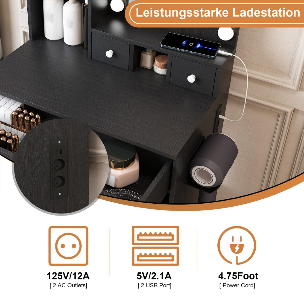 Schwarzer Schminktisch mit integrierter Ladestation, Steckdosen, USB-Anschlüssen und Haartrocknerhalterung.